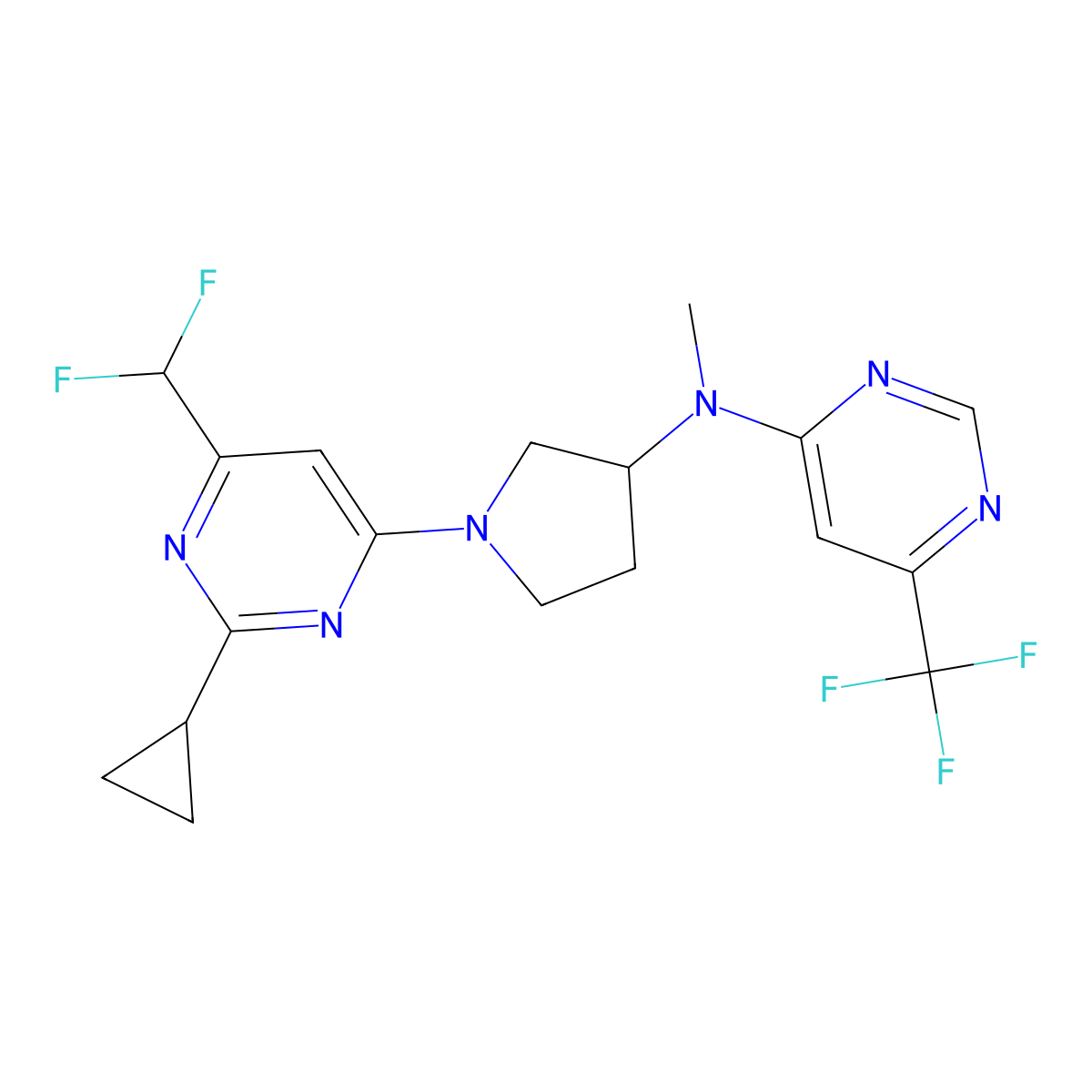N-{1-[2-cyclopropyl-6-(difluoromethyl)pyrimidin-4-yl]pyrrolidin-3-yl}-N-methyl-6-(trifluoromethyl)pyrimidin-4-amine molecular structure, CAS 3054584-99-2