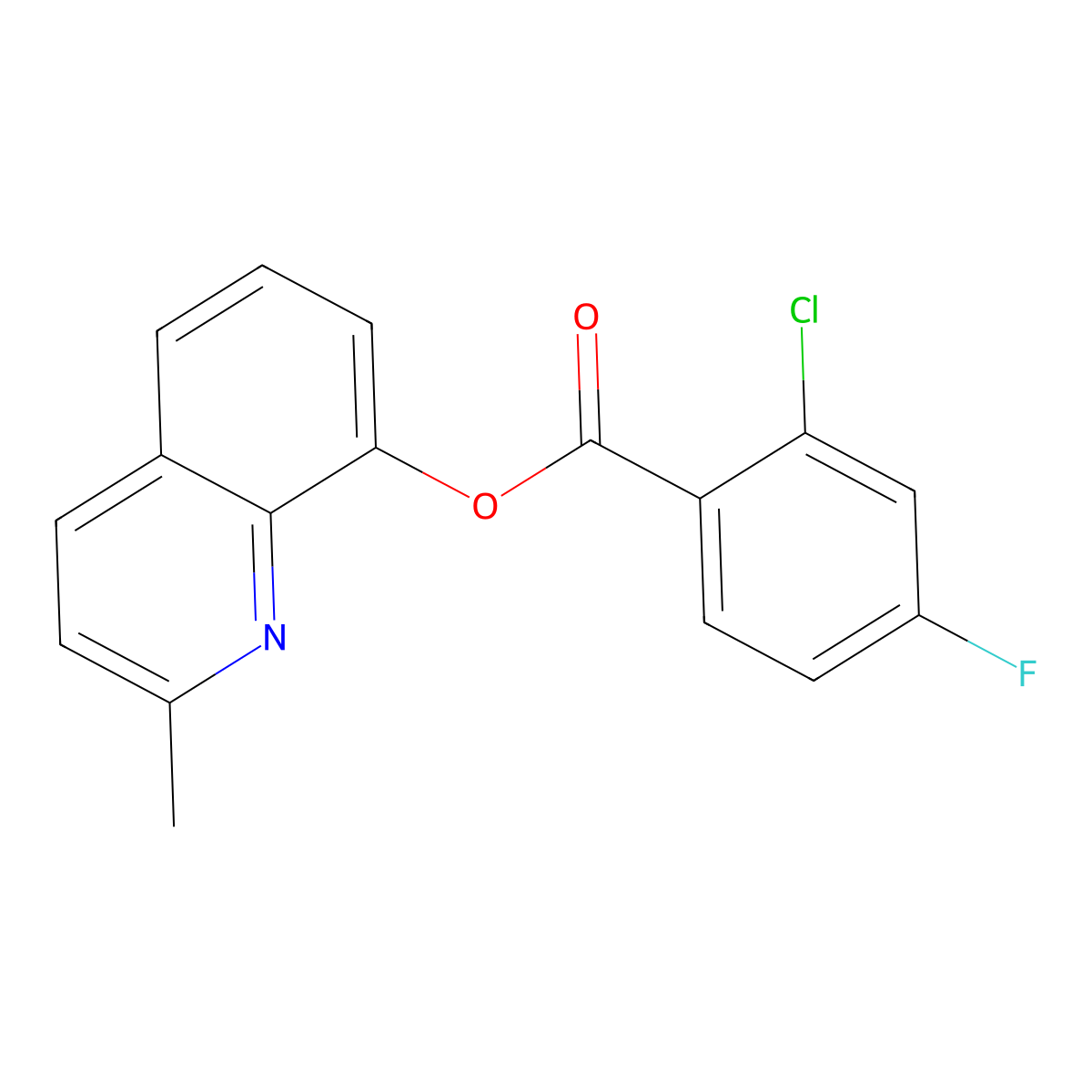 2-Methylquinolin-8-yl 2-chloro-4-fluorobenzoate molecular structure, CAS 3054585-04-2