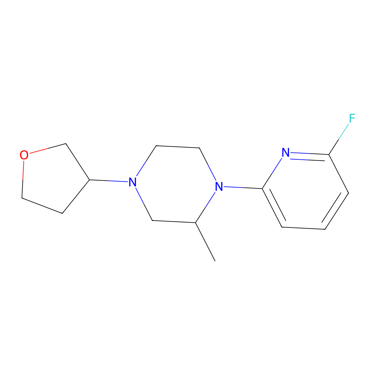 1-(6-Fluoropyridin-2-yl)-2-methyl-4-(oxolan-3-yl)piperazine molecular structure, CAS 3054585-05-3