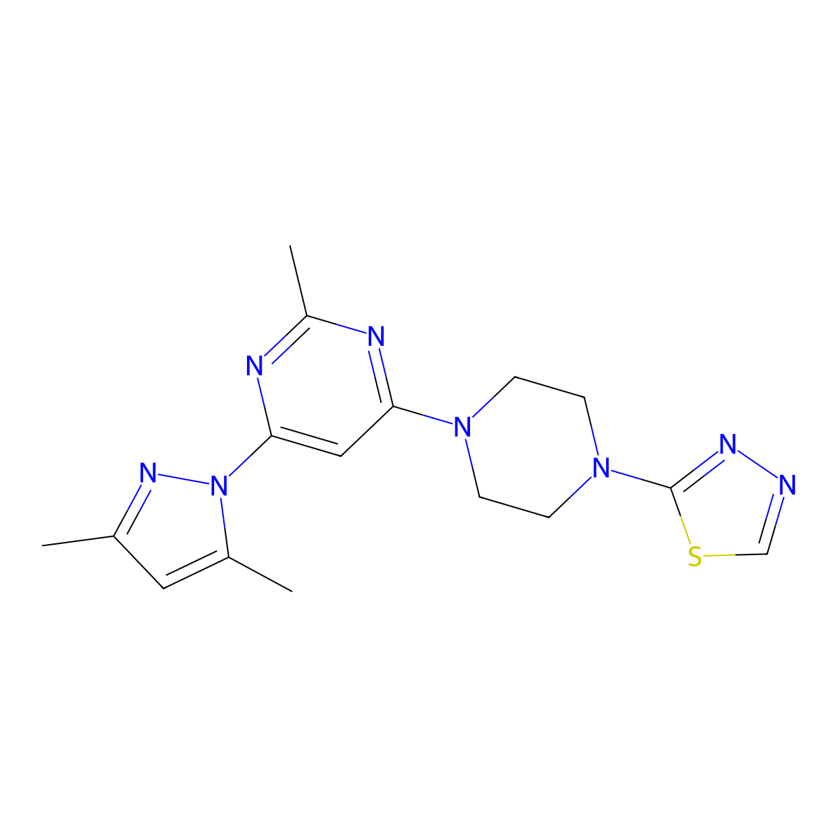 2-[4-[6-(3,5-Dimethylpyrazol-1-yl)-2-methylpyrimidin-4-yl]piperazin-1-yl]-1,3,4-thiadiazol molecular structure, CAS 3054585-06-4