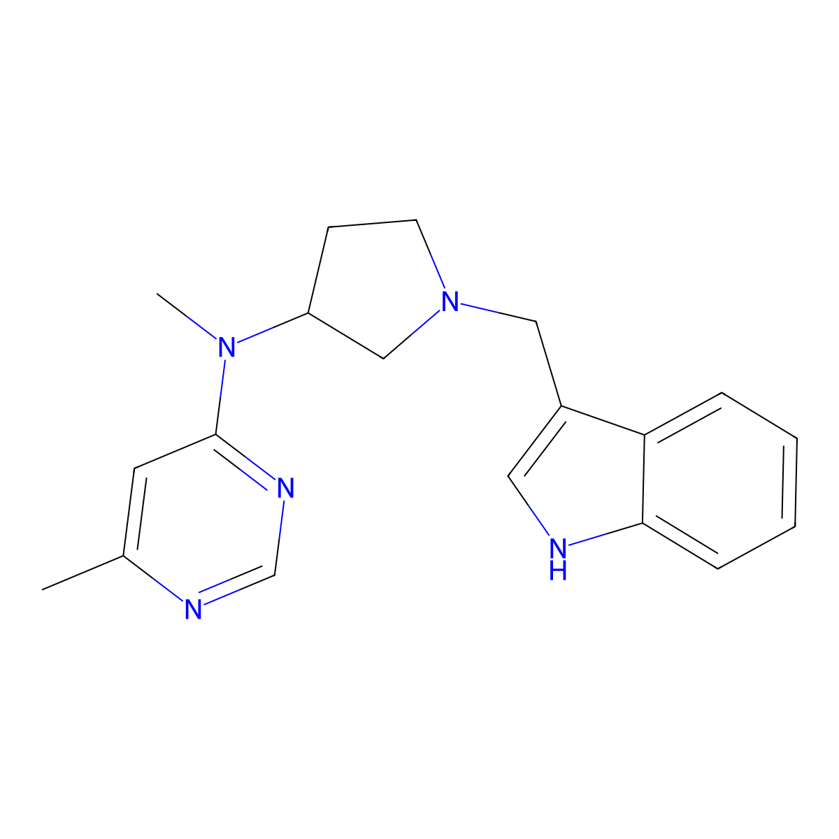 N-{1-[(1H-indol-3-yl)methyl]pyrrolidin-3-yl}-N,6-dimethylpyrimidin-4-amine molecular structure, CAS 3054585-14-4