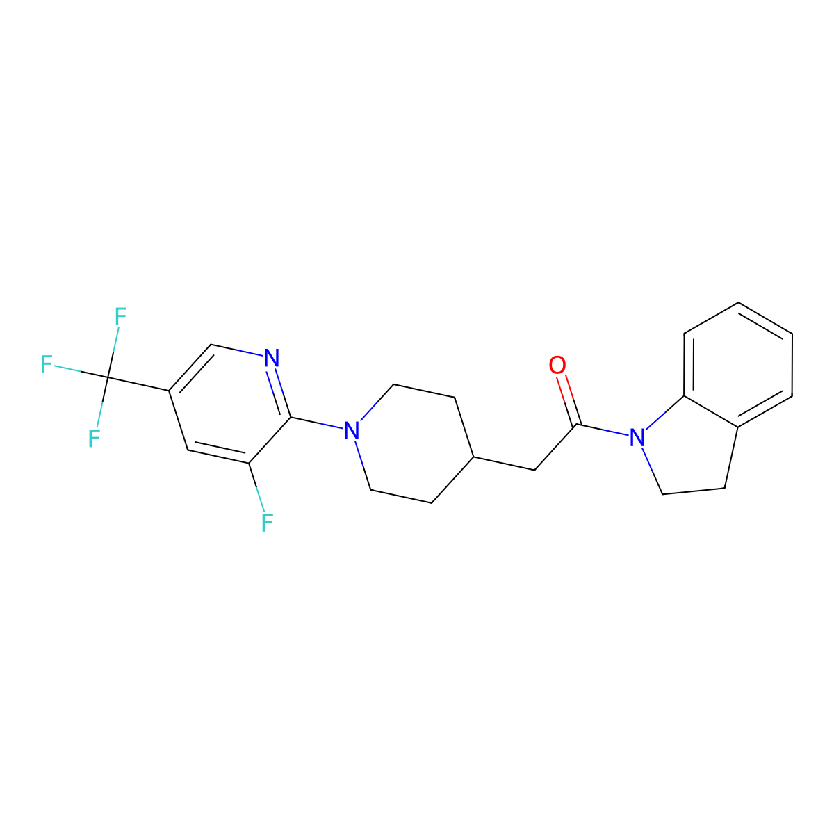 1-(2,3-dihydro-1H-indol-1-yl)-2-{1-[3-fluoro-5-(trifluoromethyl)pyridin-2-yl]piperidin-4-yl}ethan-1-one molecular structure, CAS 3054585-22-4