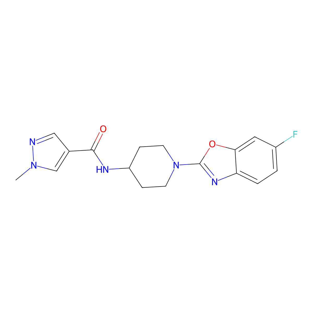 N-[1-(6-fluoro-1,3-benzoxazol-2-yl)piperidin-4-yl]-1-methyl-1H-pyrazole-4-carboxamide molecular structure, CAS 3054585-24-6