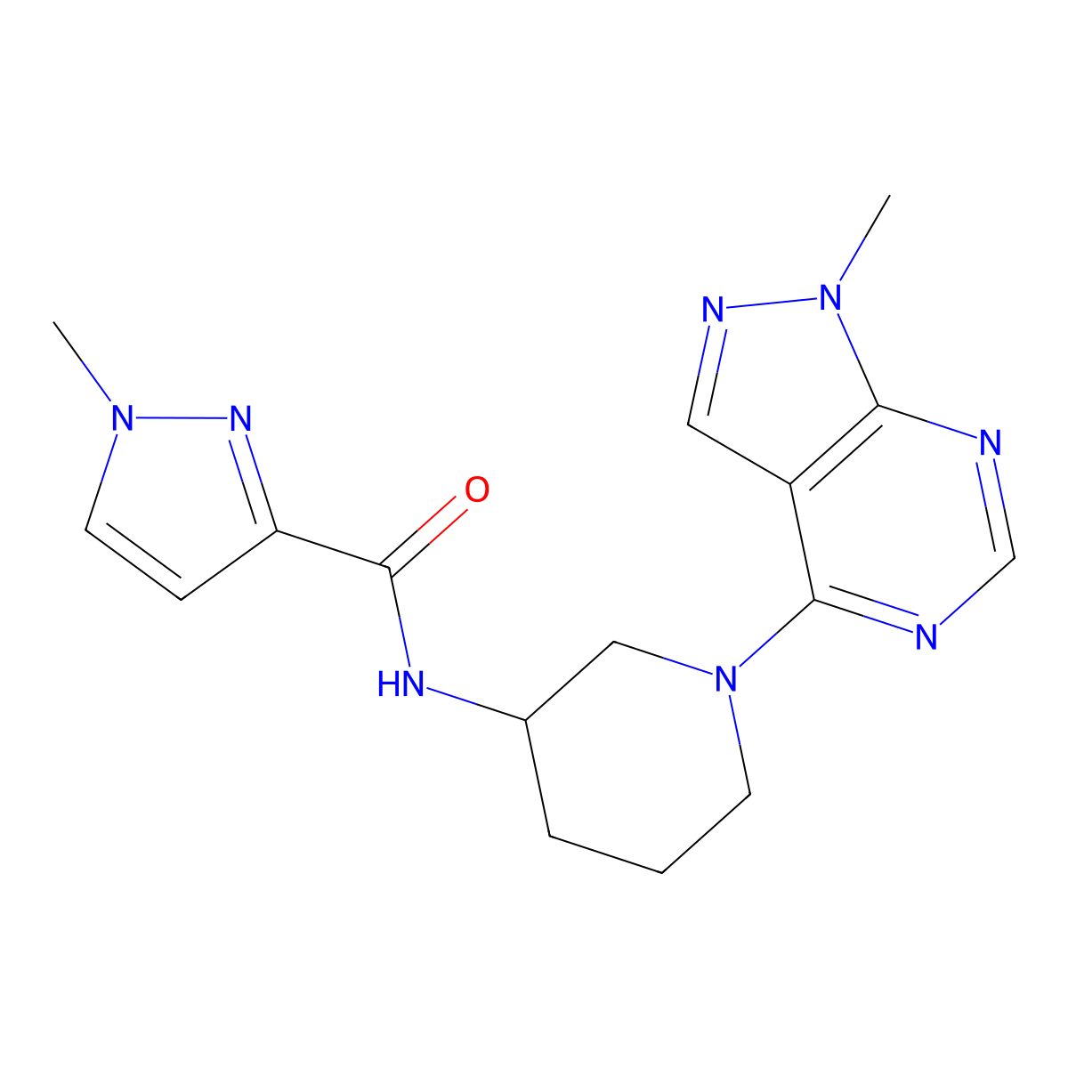 1-methyl-N-(1-{1-methyl-1H-pyrazolo[3,4-d]pyrimidin-4-yl}piperidin-3-yl)-1H-pyrazole-3-carboxamide molecular structure, CAS 3054585-29-1