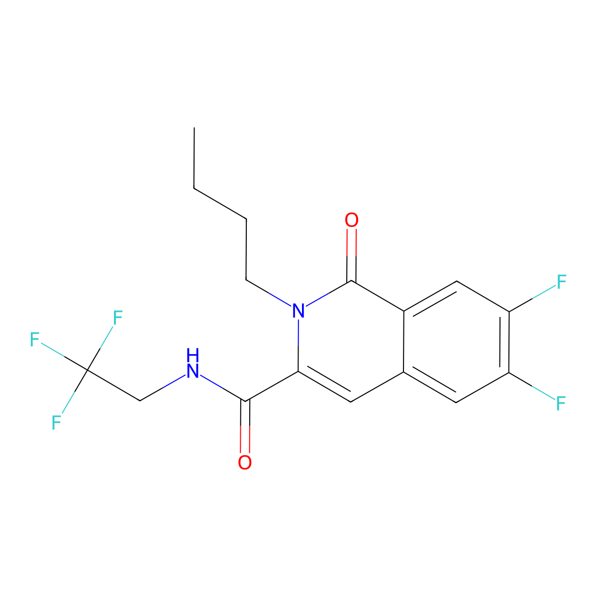2-butyl-6,7-difluoro-1-oxo-N-(2,2,2-trifluoroethyl)-1,2-dihydroisoquinoline-3-carboxamide molecular structure, CAS 3054585-31-5