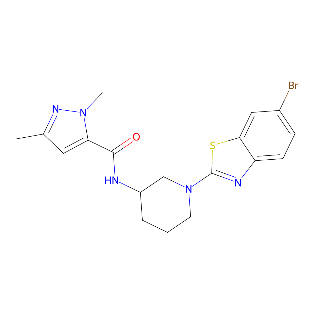 N-[1-(6-bromo-1,3-benzothiazol-2-yl)piperidin-3-yl]-1,3-dimethyl-1H-pyrazole-5-carboxamide molecular structure, CAS 3054585-32-6