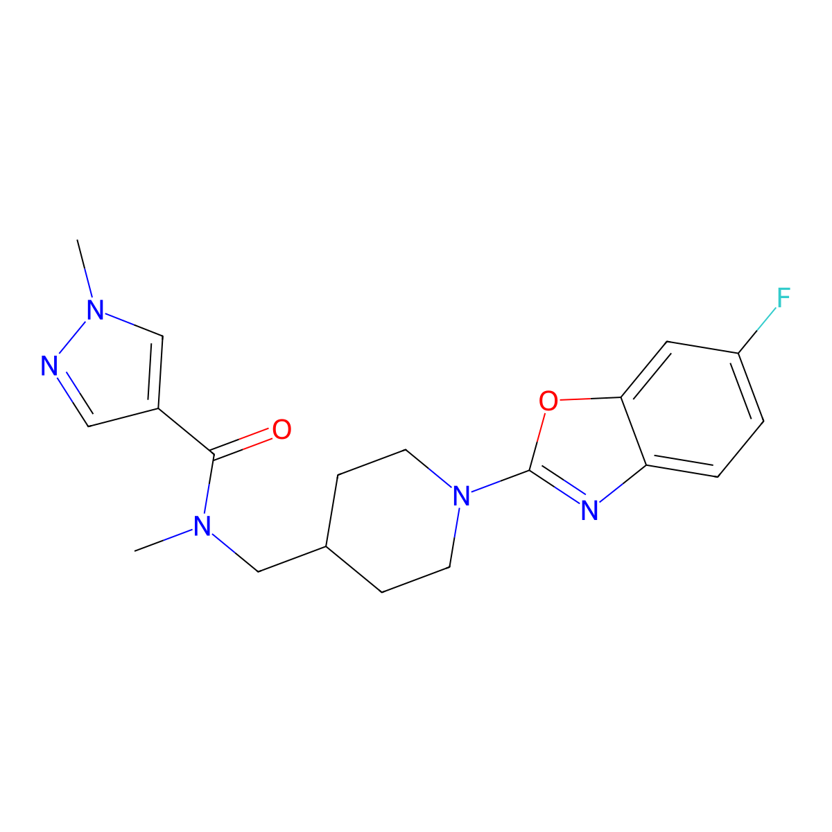 N-{[1-(6-fluoro-1,3-benzoxazol-2-yl)piperidin-4-yl]methyl}-N,1-dimethyl-1H-pyrazole-4-carboxamide molecular structure, CAS 3054585-34-8