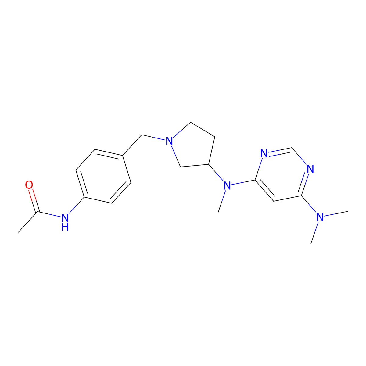 N-{4-[(3-{[6-(dimethylamino)pyrimidin-4-yl](methyl)amino}pyrrolidin-1-yl)methyl]phenyl}acetamide molecular structure, CAS 3054585-35-9