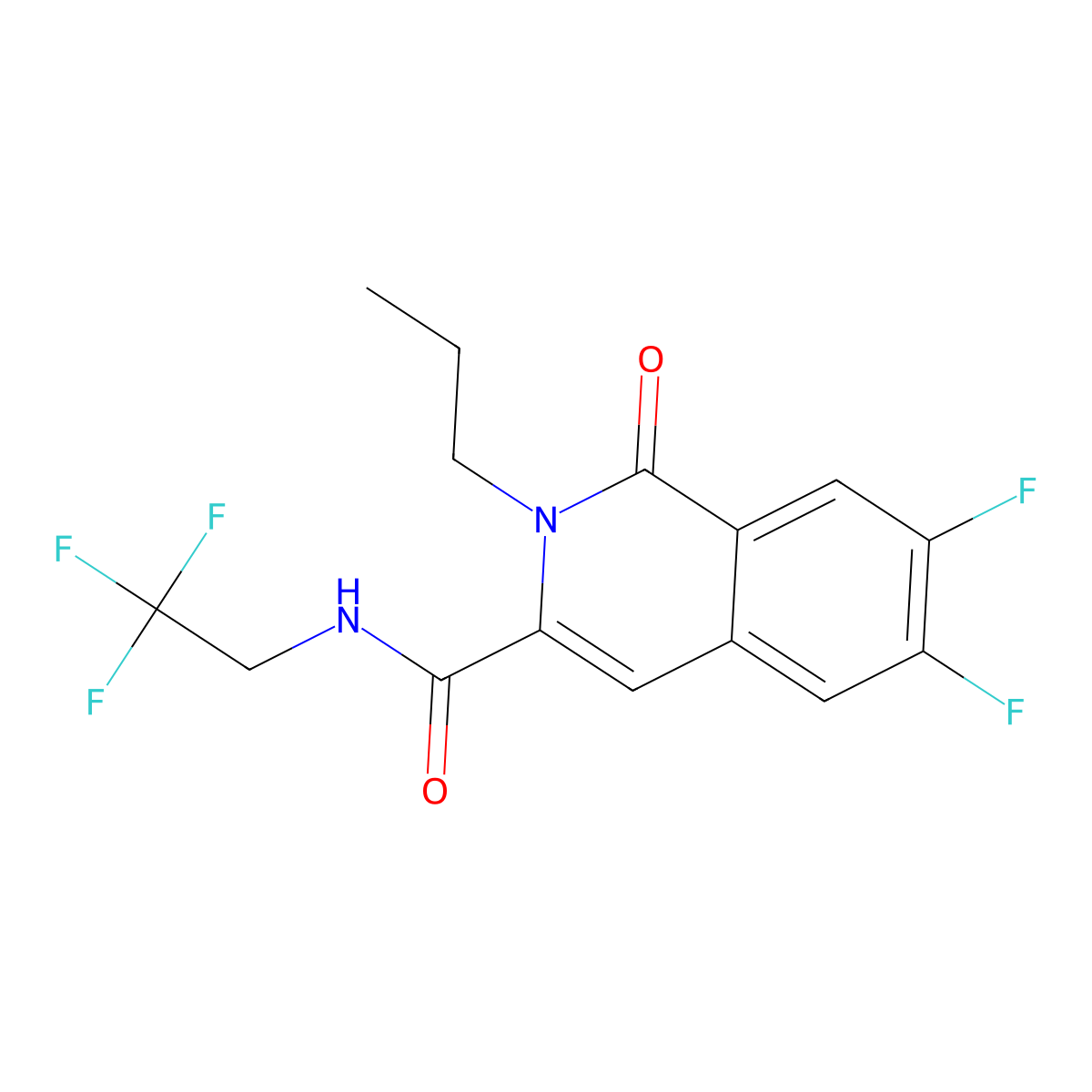 6,7-difluoro-1-oxo-2-propyl-N-(2,2,2-trifluoroethyl)-1,2-dihydroisoquinoline-3-carboxamide molecular structure, CAS 3054585-38-2