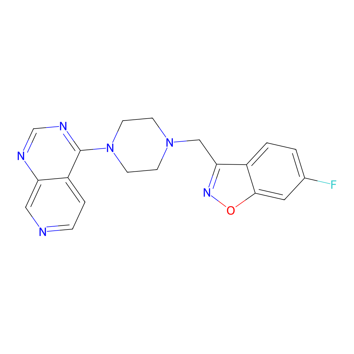 6-Fluoro-3-[(4-pyrido[3,4-d]pyrimidin-4-ylpiperazin-1-yl)methyl]-1,2-benzoxazole molecular structure, CAS 3054585-47-3