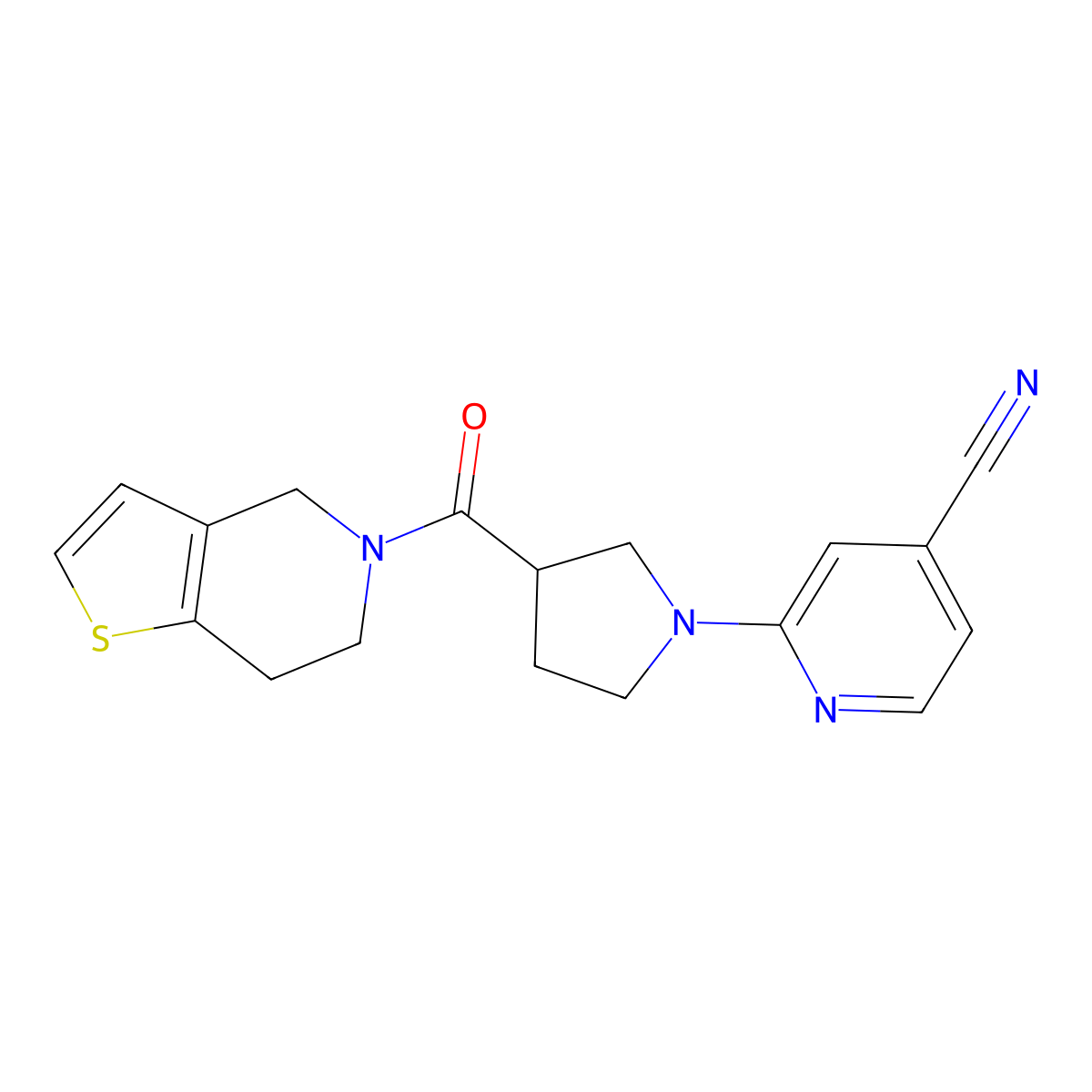 2-(3-{4H,5H,6H,7H-thieno[3,2-c]pyridine-5-carbonyl}pyrrolidin-1-yl)pyridine-4-carbonitrile molecular structure, CAS 3054585-51-9