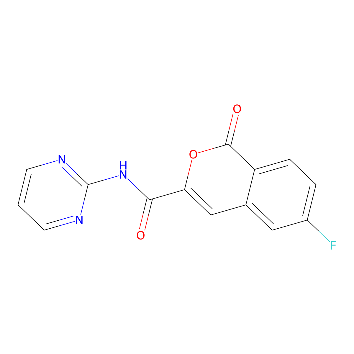 6-fluoro-1-oxo-N-(pyrimidin-2-yl)-1H-isochromene-3-carboxamide molecular structure, CAS 3054585-79-1