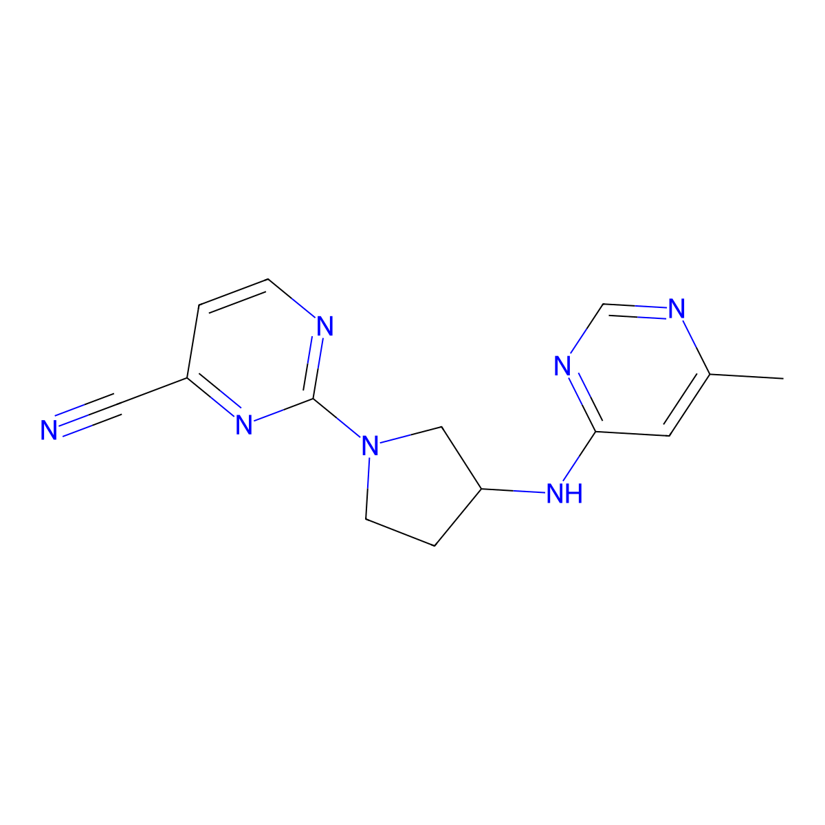 2-{3-[(6-Methylpyrimidin-4-yl)amino]pyrrolidin-1-yl}pyrimidine-4-carbonitrile molecular structure, CAS 3054585-82-6