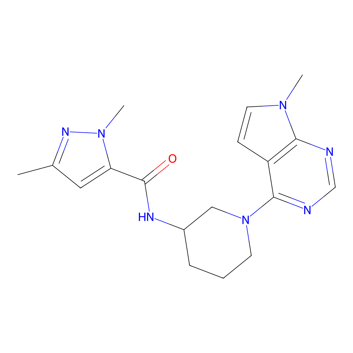 1,3-dimethyl-N-(1-{7-methyl-7H-pyrrolo[2,3-d]pyrimidin-4-yl}piperidin-3-yl)-1H-pyrazole-5-carboxamide molecular structure, CAS 3054585-84-8