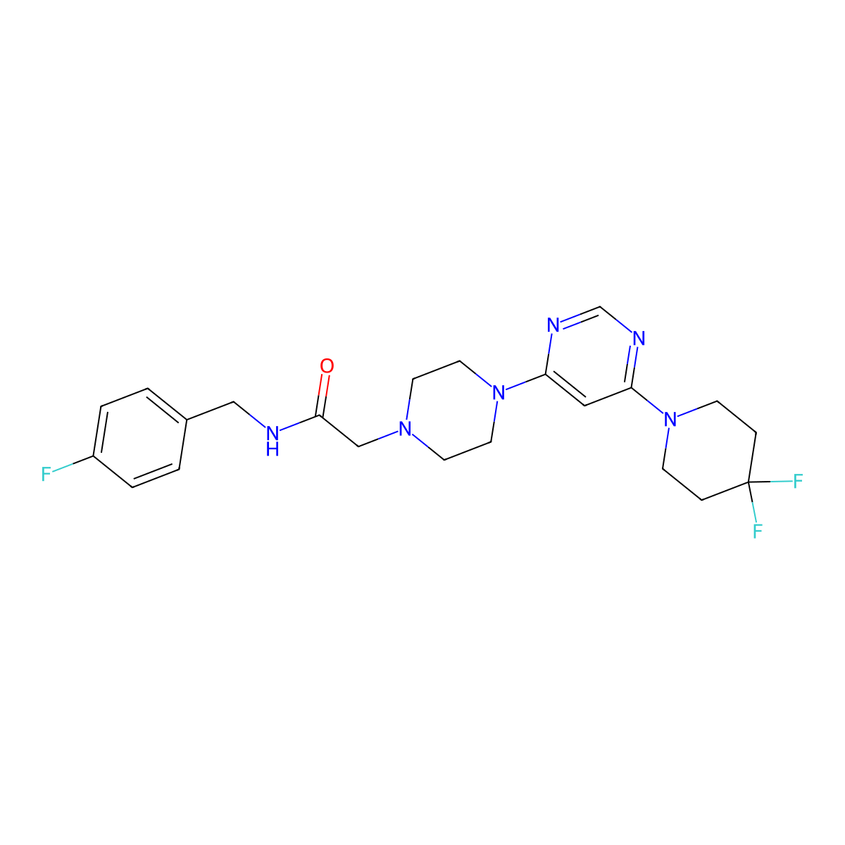 2-{4-[6-(4,4-difluoropiperidin-1-yl)pyrimidin-4-yl]piperazin-1-yl}-N-[(4-fluorophenyl)methyl]acetamide molecular structure, CAS 3054585-85-9
