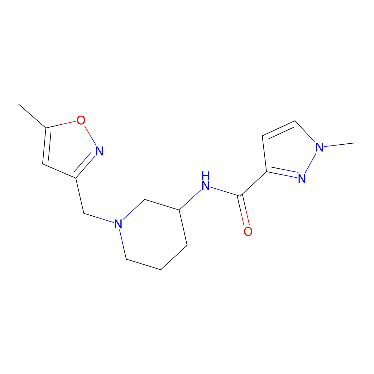 1-methyl-N-{1-[(5-methyl-1,2-oxazol-3-yl)methyl]piperidin-3-yl}-1H-pyrazole-3-carboxamide molecular structure, CAS 3054585-96-2