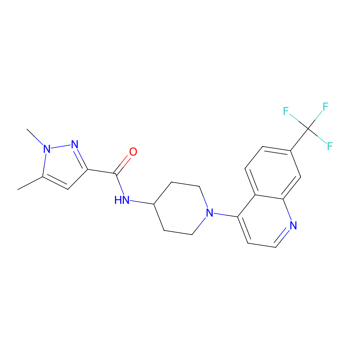 1,5-dimethyl-N-{1-[7-(trifluoromethyl)quinolin-4-yl]piperidin-4-yl}-1H-pyrazole-3-carboxamide molecular structure, CAS 3054585-97-3
