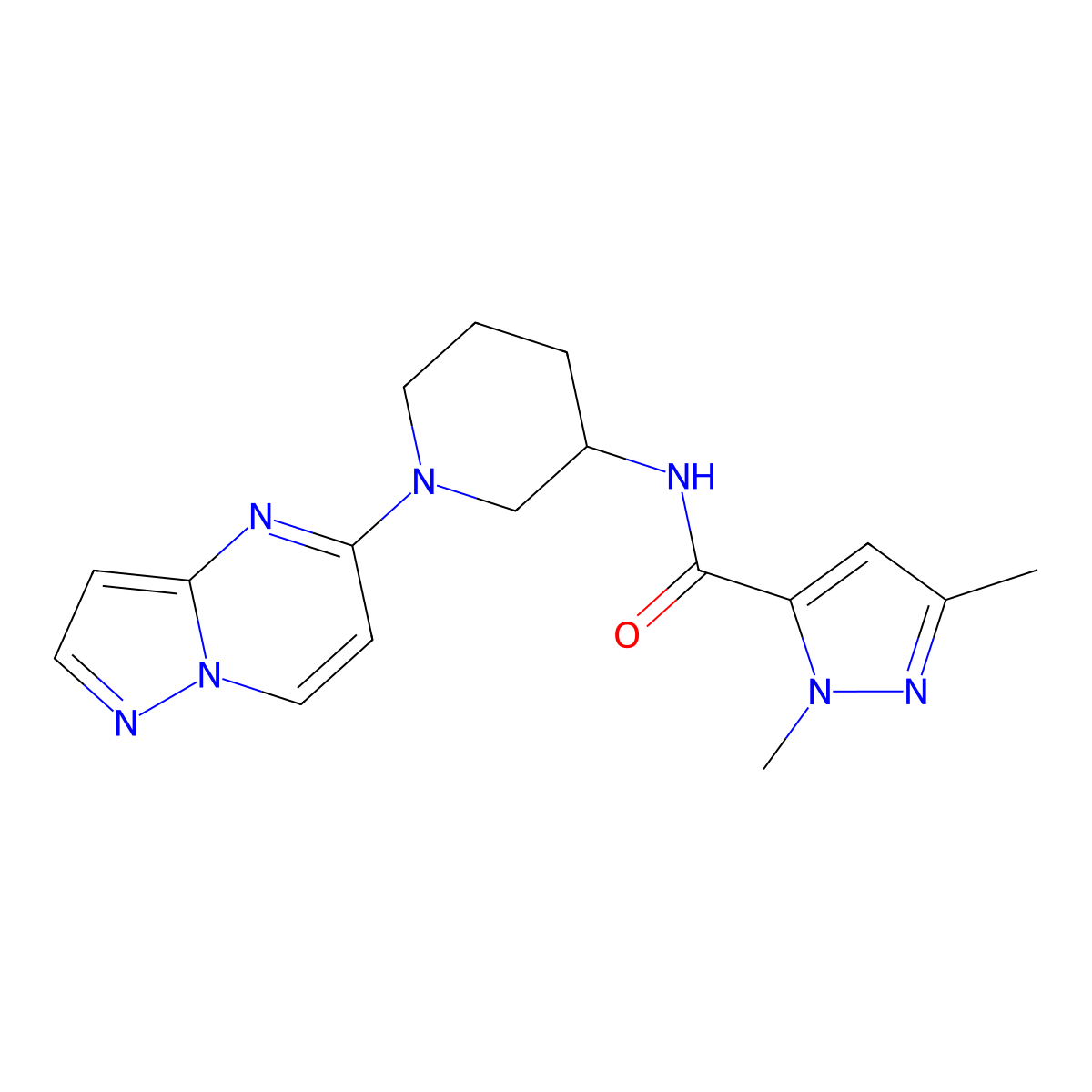 1,3-dimethyl-N-(1-{pyrazolo[1,5-a]pyrimidin-5-yl}piperidin-3-yl)-1H-pyrazole-5-carboxamide molecular structure, CAS 3054585-99-5