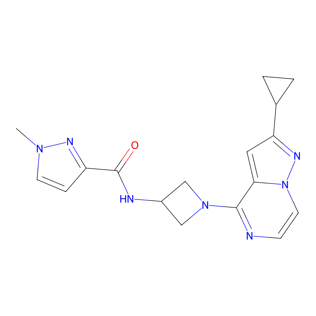 N-(1-{2-cyclopropylpyrazolo[1,5-a]pyrazin-4-yl}azetidin-3-yl)-1-methyl-1H-pyrazole-3-carboxamide molecular structure, CAS 3054586-00-1
