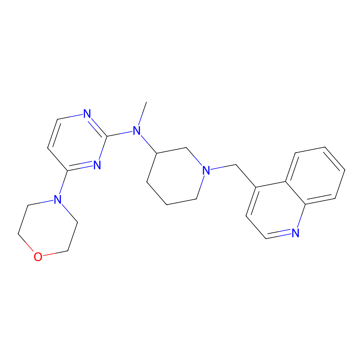 N-methyl-4-(morpholin-4-yl)-N-{1-[(quinolin-4-yl)methyl]piperidin-3-yl}pyrimidin-2-amine molecular structure, CAS 3054586-05-6