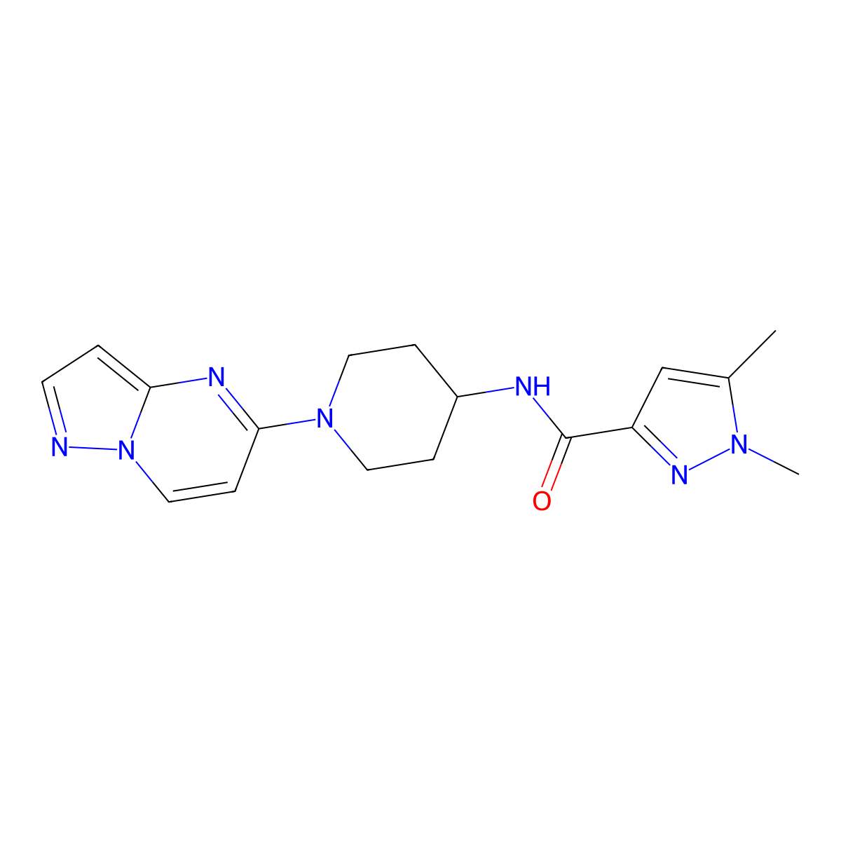 1,5-dimethyl-N-(1-{pyrazolo[1,5-a]pyrimidin-5-yl}piperidin-4-yl)-1H-pyrazole-3-carboxamide molecular structure, CAS 3054586-07-8
