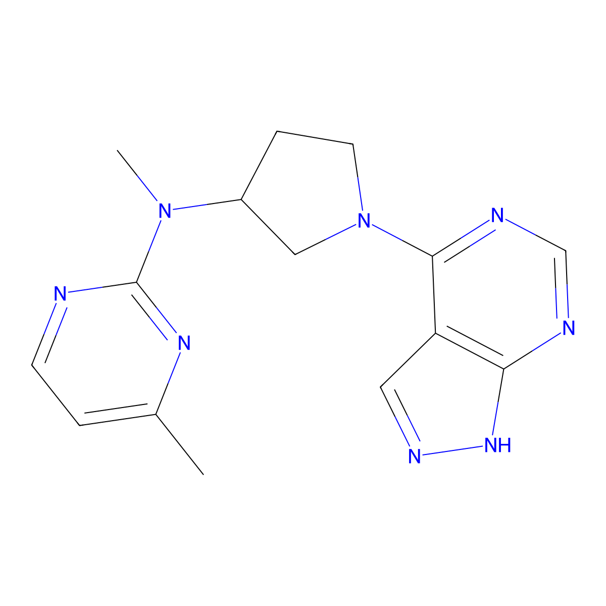N,4-dimethyl-N-(1-{1H-pyrazolo[3,4-d]pyrimidin-4-yl}pyrrolidin-3-yl)pyrimidin-2-amine molecular structure, CAS 3054586-10-3
