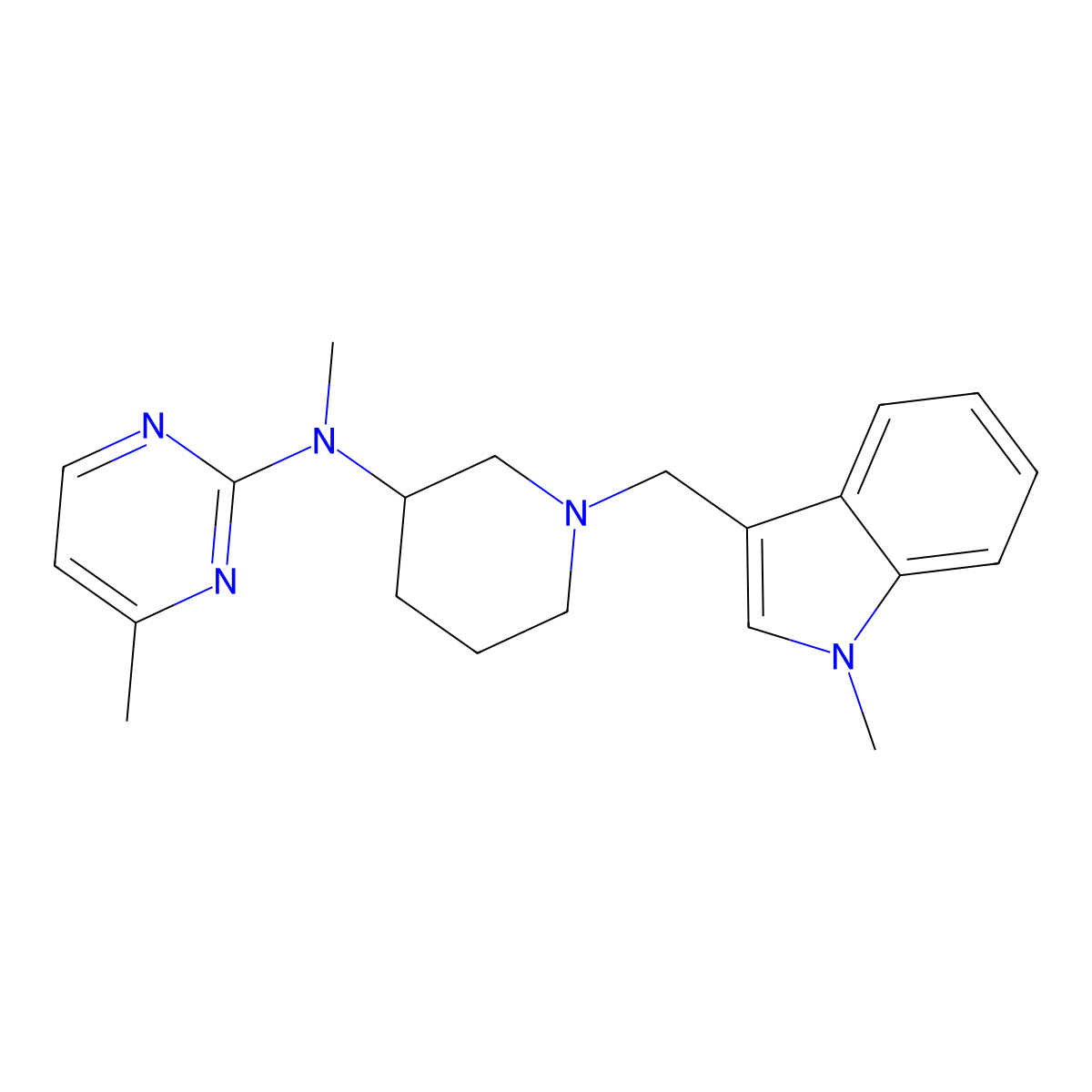 N,4-dimethyl-N-{1-[(1-methyl-1H-indol-3-yl)methyl]piperidin-3-yl}pyrimidin-2-amine molecular structure, CAS 3054586-11-4