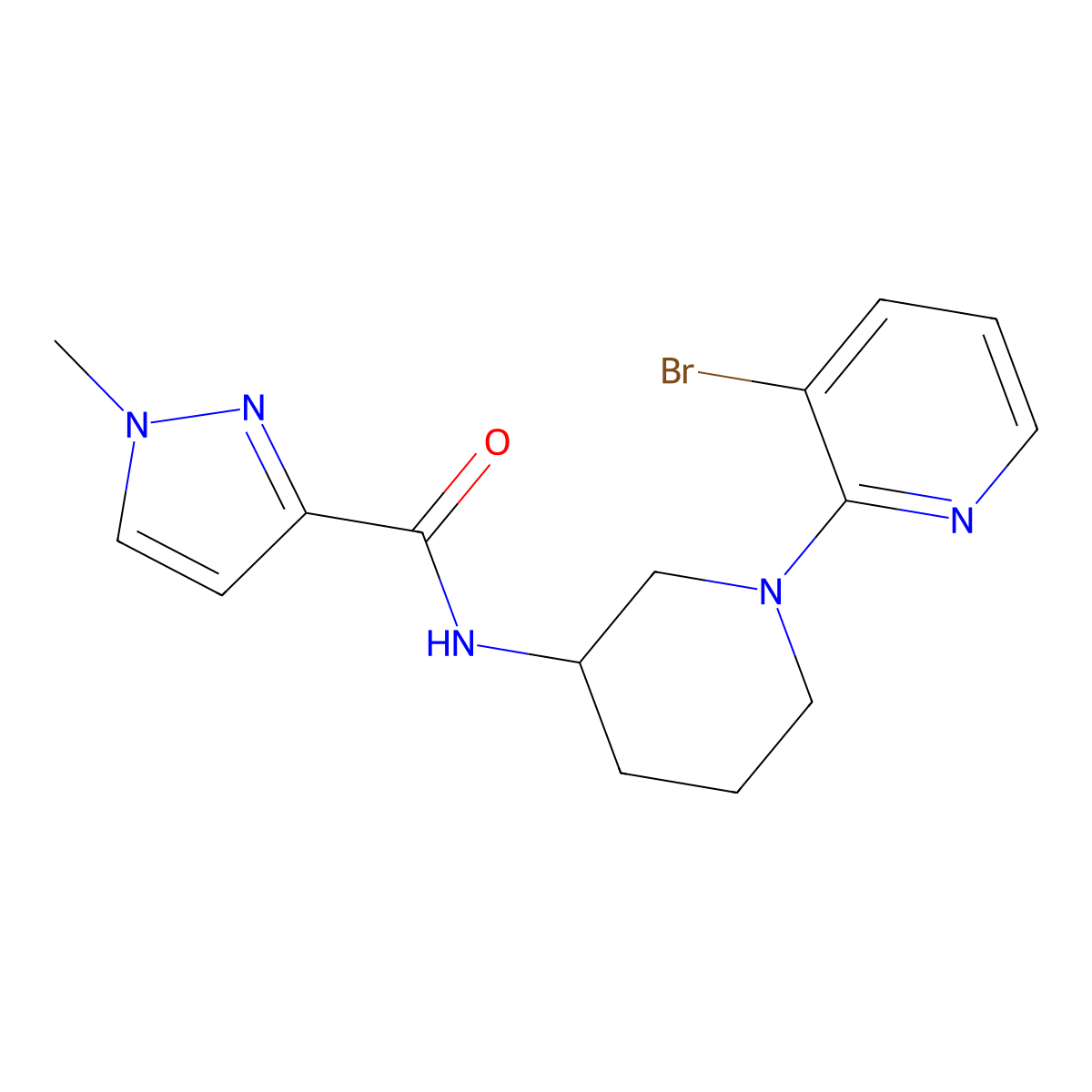 N-[1-(3-bromopyridin-2-yl)piperidin-3-yl]-1-methyl-1H-pyrazole-3-carboxamide molecular structure, CAS 3054586-13-6