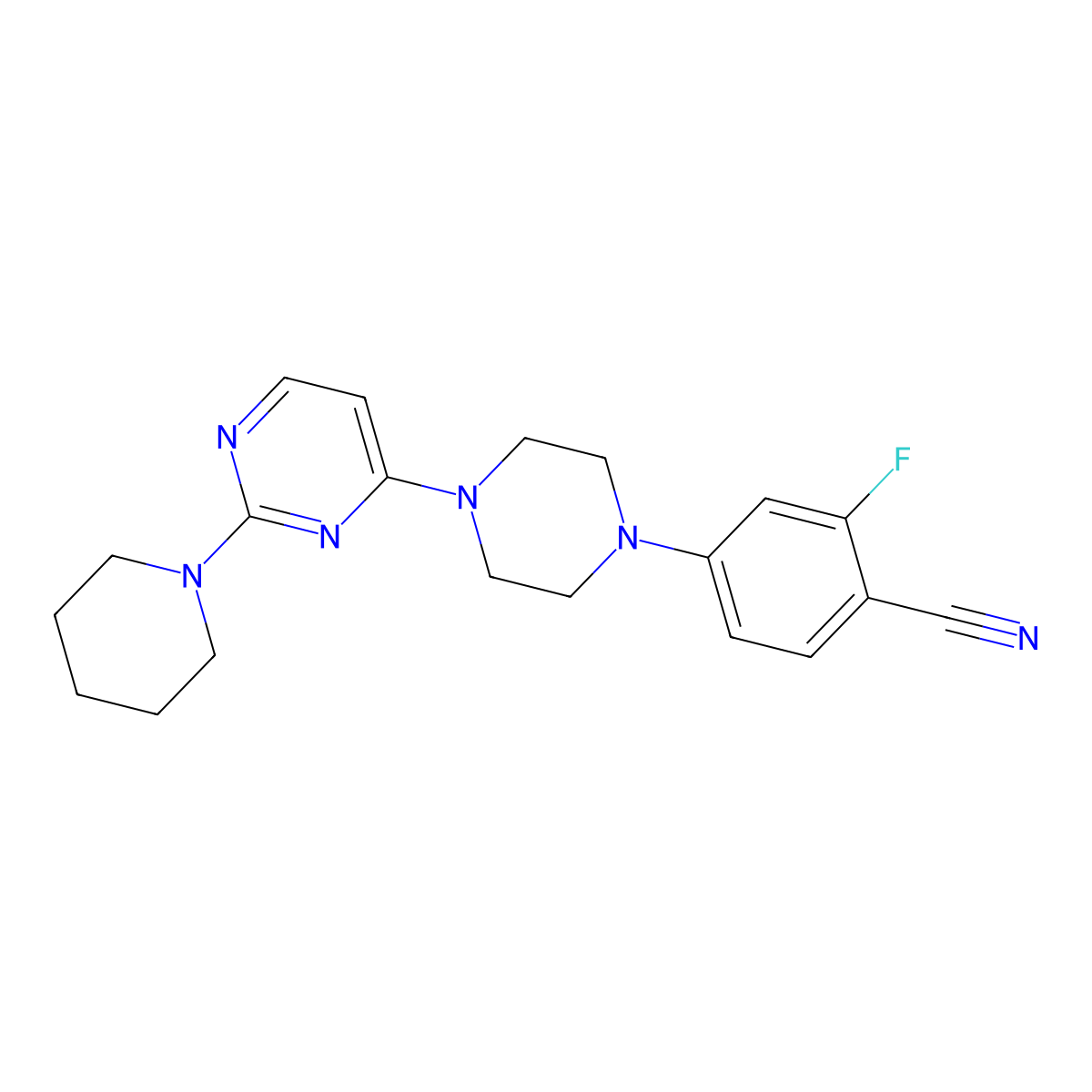 2-Fluoro-4-{4-[2-(piperidin-1-yl)pyrimidin-4-yl]piperazin-1-yl}benzonitrile molecular structure, CAS 3054586-20-5