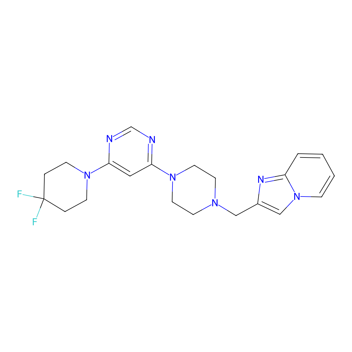 4-(4,4-Difluoropiperidin-1-yl)-6-[4-({imidazo[1,2-a]pyridin-2-yl}methyl)piperazin-1-yl]pyrimidine molecular structure, CAS 3054586-21-6