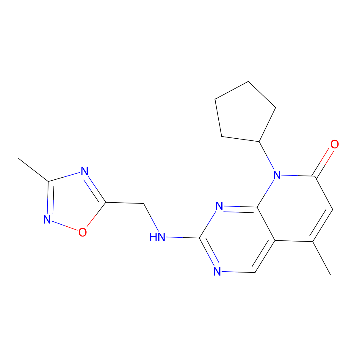 8-cyclopentyl-5-methyl-2-{[(3-methyl-1,2,4-oxadiazol-5-yl)methyl]amino}-7H,8H-pyrido[2,3-d]pyrimidin-7-one molecular structure, CAS 3054586-46-5