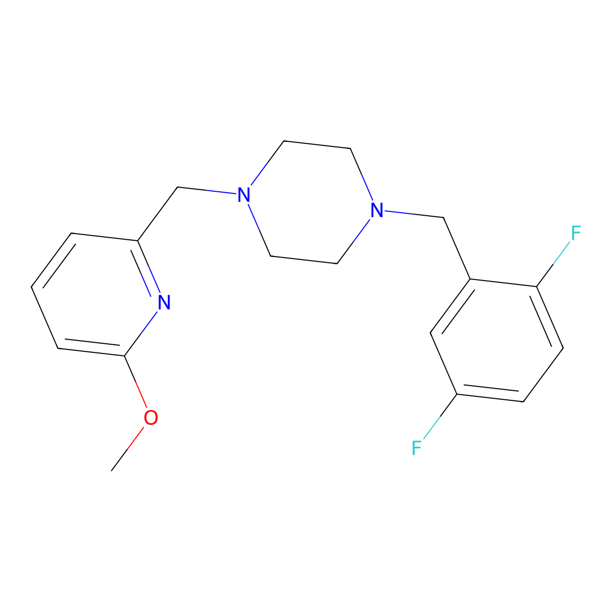 1-[(2,5-Difluorophenyl)methyl]-4-[(6-methoxypyridin-2-yl)methyl]piperazine molecular structure, CAS 3054586-56-7