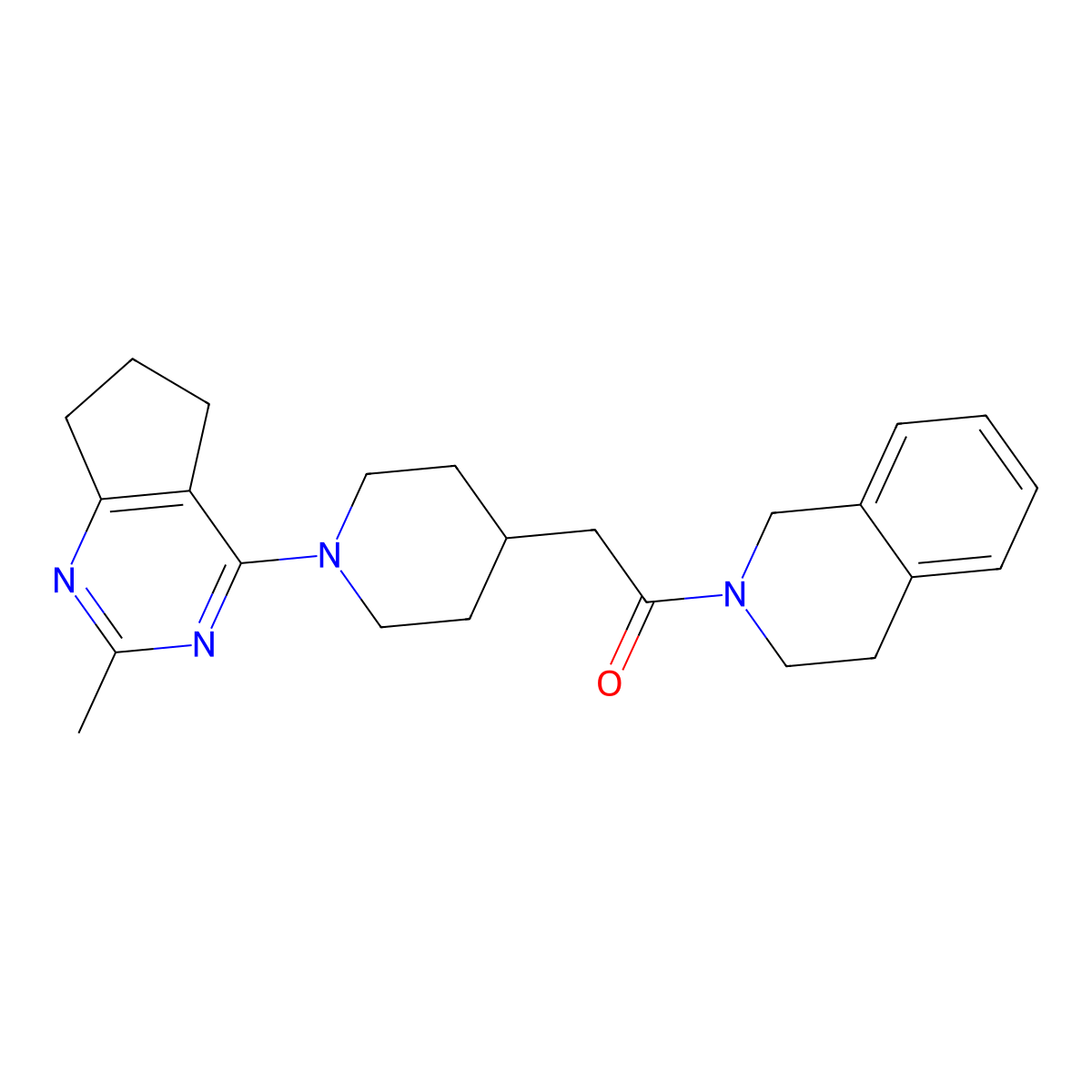 2-(1-{2-methyl-5H,6H,7H-cyclopenta[d]pyrimidin-4-yl}piperidin-4-yl)-1-(1,2,3,4-tetrahydroisoquinolin-2-yl)ethan-1-one molecular structure, CAS 3054586-63-6