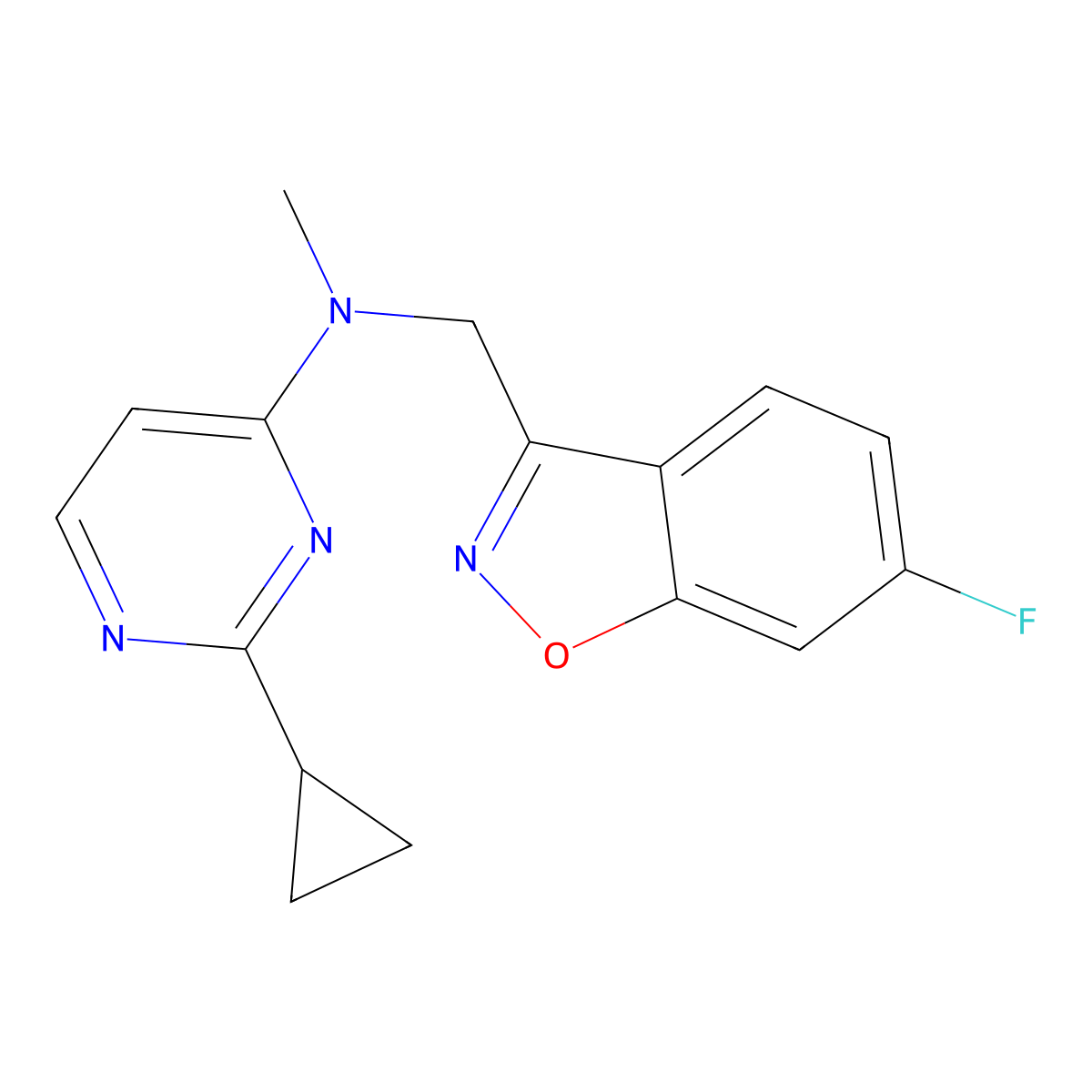 2-cyclopropyl-N-[(6-fluoro-1,2-benzoxazol-3-yl)methyl]-N-methylpyrimidin-4-amine molecular structure, CAS 3054586-65-8