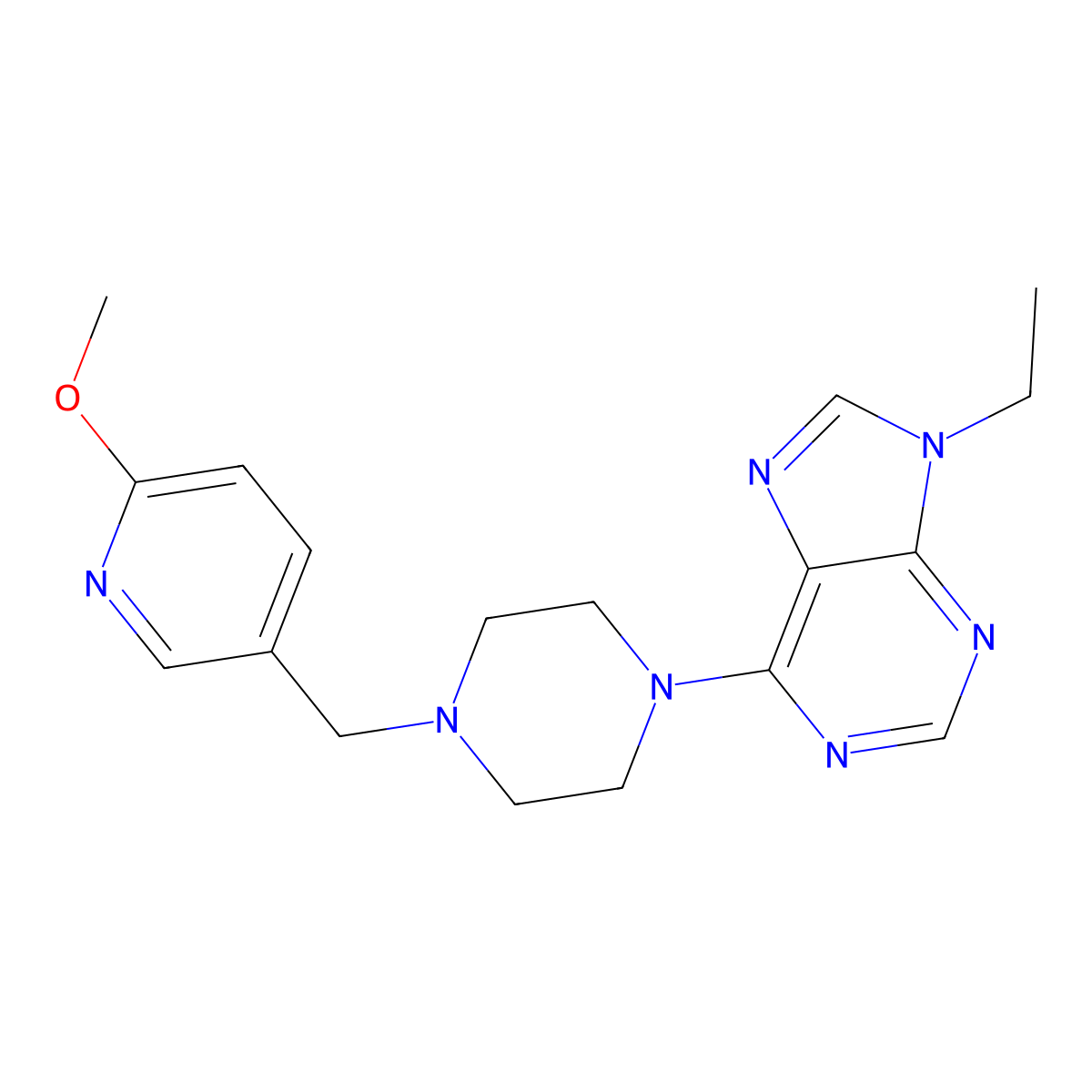 9-ethyl-6-{4-[(6-methoxypyridin-3-yl)methyl]piperazin-1-yl}-9H-purine molecular structure, CAS 3054586-66-9