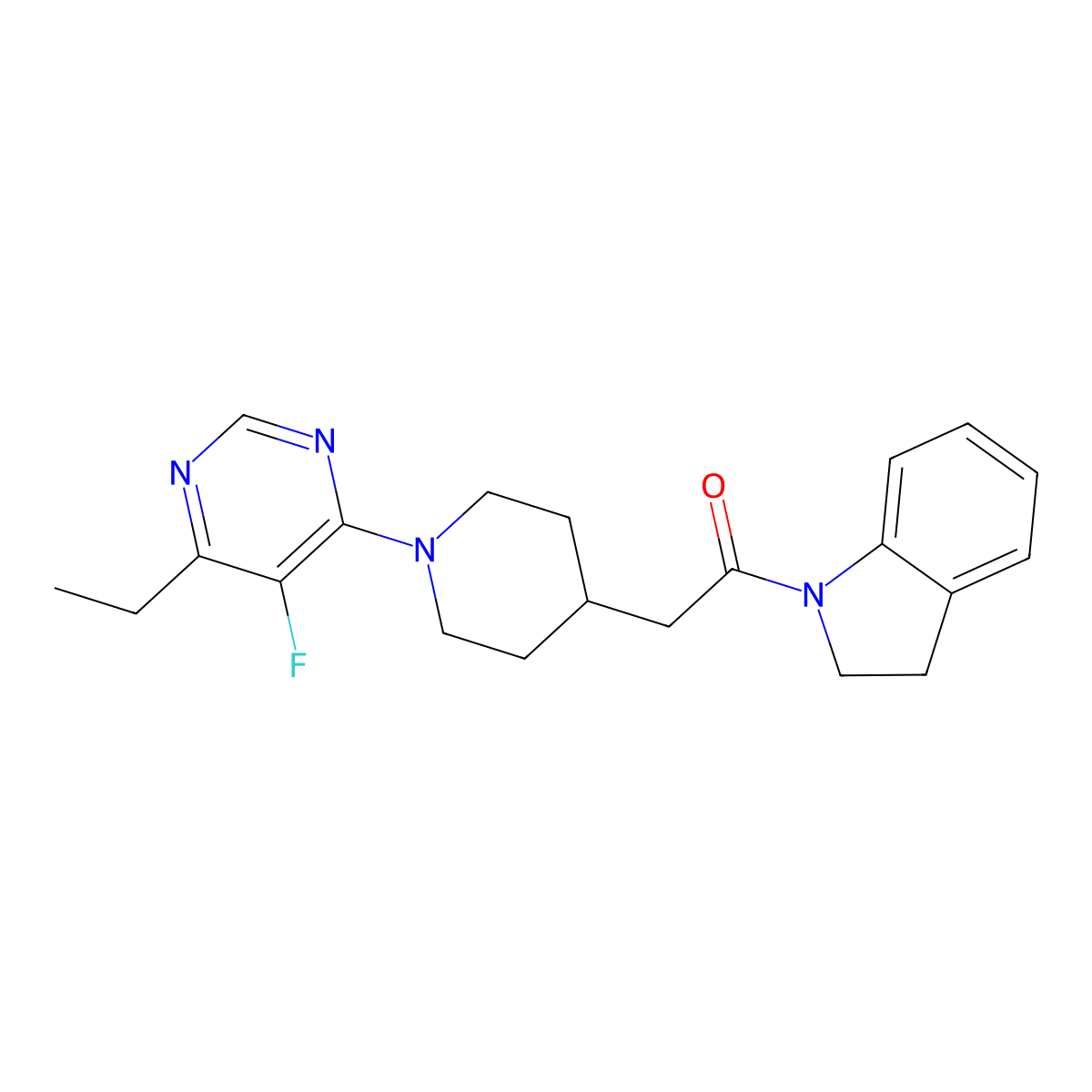 1-(2,3-dihydro-1H-indol-1-yl)-2-[1-(6-ethyl-5-fluoropyrimidin-4-yl)piperidin-4-yl]ethan-1-one molecular structure, CAS 3054586-68-1