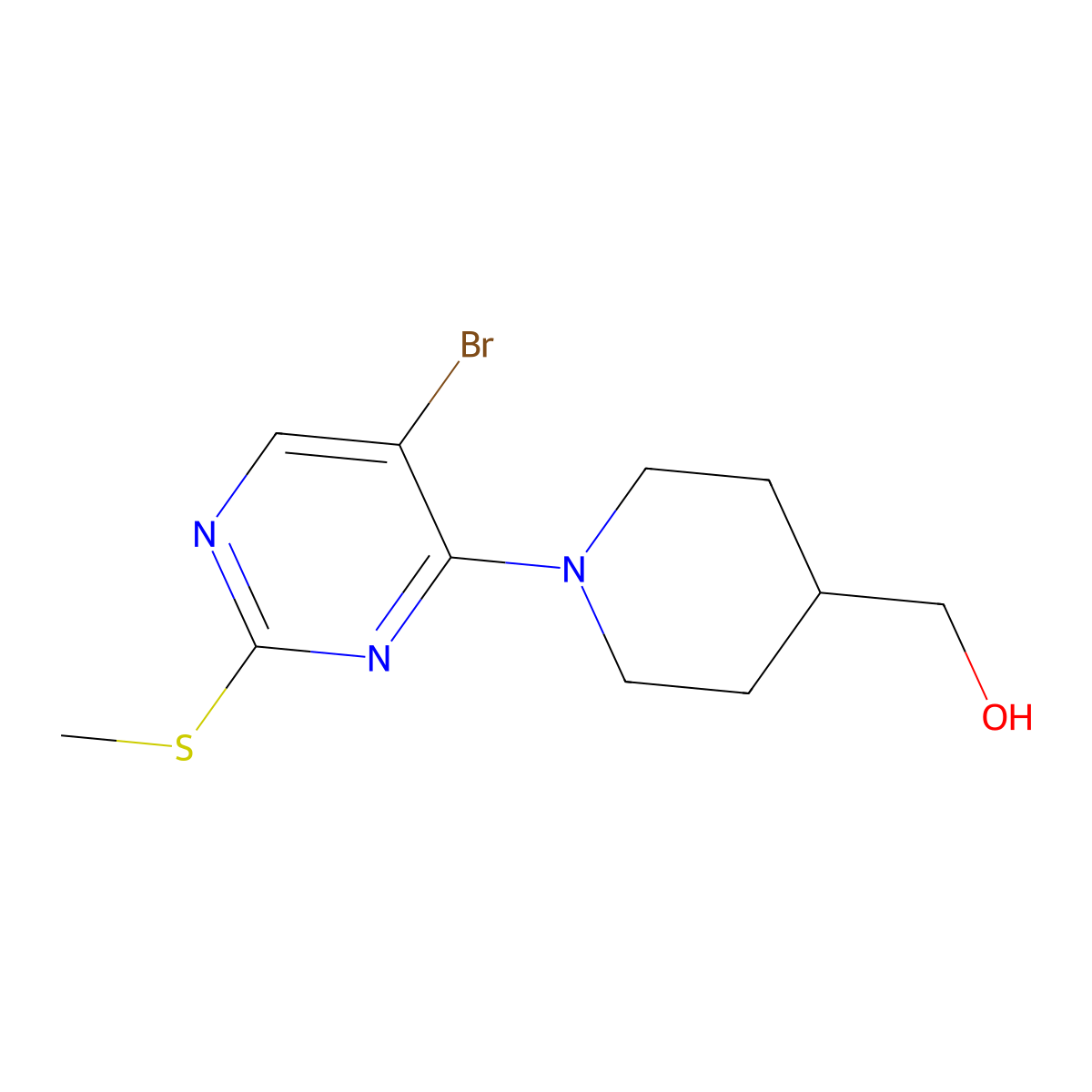 {1-[5-Bromo-2-(methylsulfanyl)pyrimidin-4-yl]piperidin-4-yl}methanol molecular structure, CAS 3054586-73-8