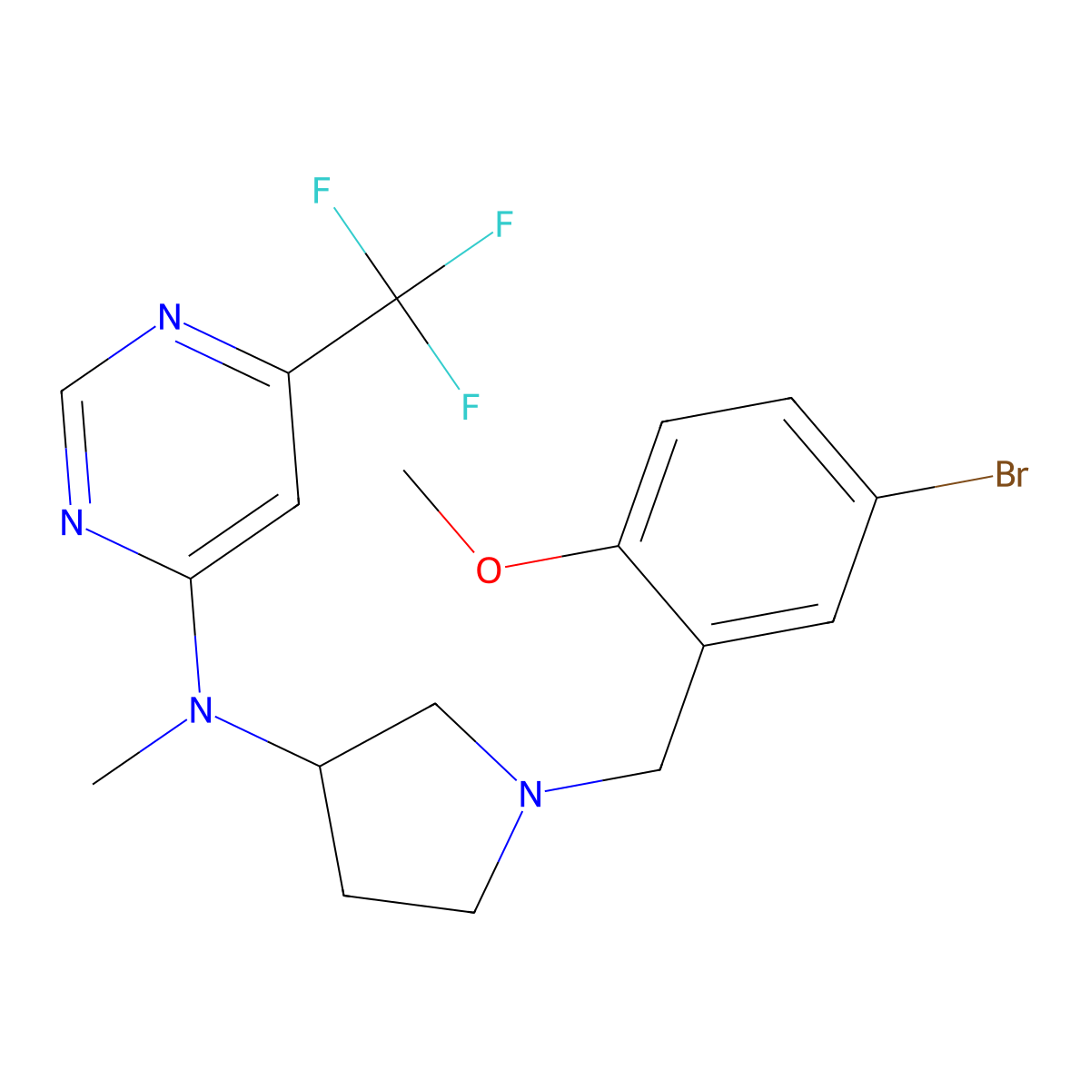 N-{1-[(5-bromo-2-methoxyphenyl)methyl]pyrrolidin-3-yl}-N-methyl-6-(trifluoromethyl)pyrimidin-4-amine molecular structure, CAS 3054586-78-3