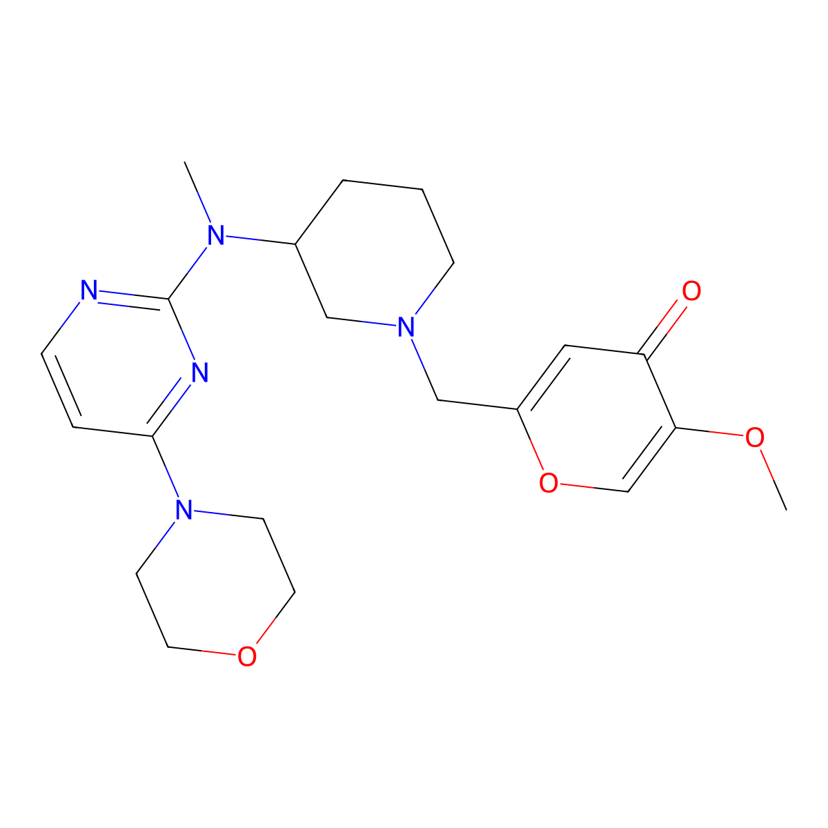 5-methoxy-2-[(3-{methyl[4-(morpholin-4-yl)pyrimidin-2-yl]amino}piperidin-1-yl)methyl]-4H-pyran-4-one molecular structure, CAS 3054586-79-4