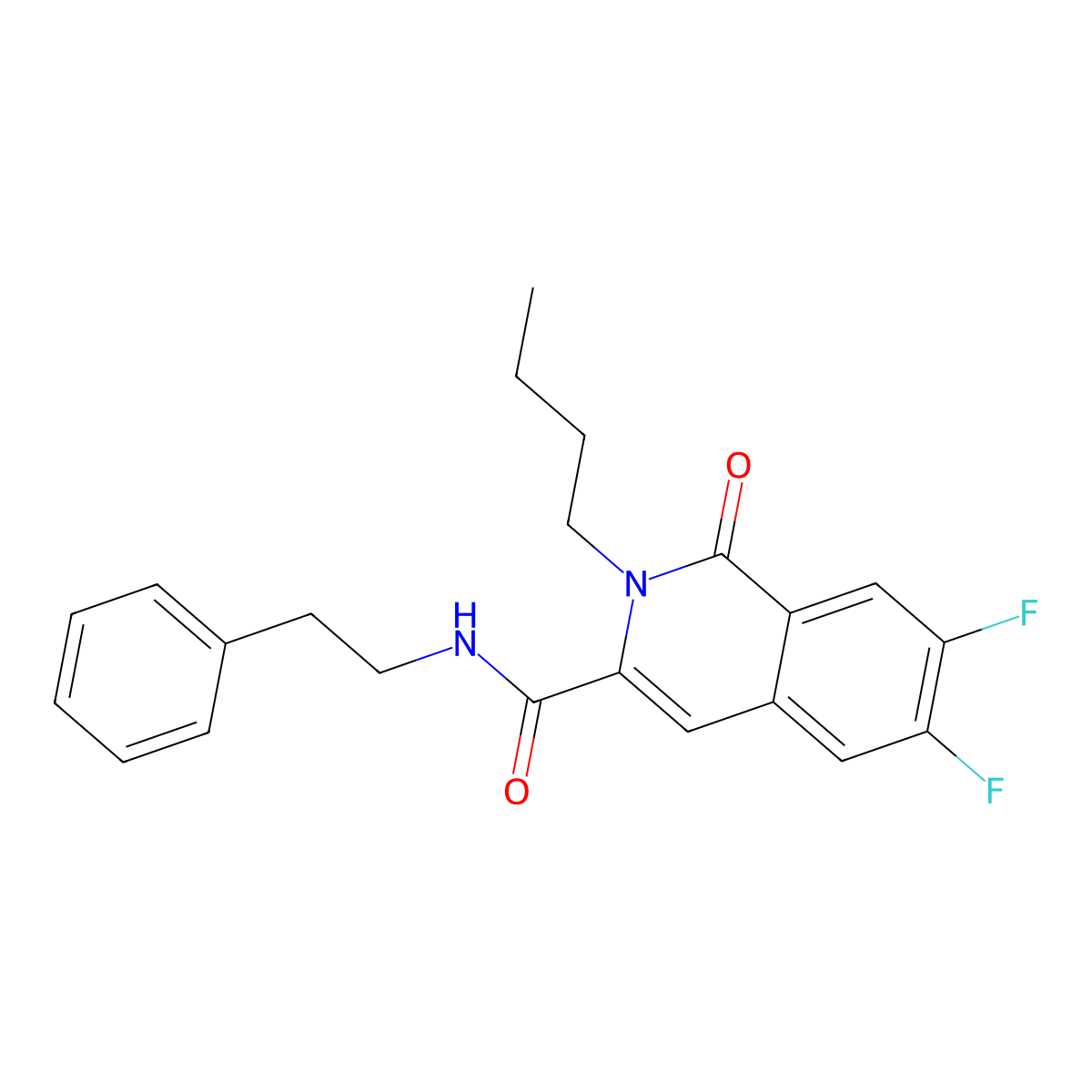 2-butyl-6,7-difluoro-1-oxo-N-(2-phenylethyl)-1,2-dihydroisoquinoline-3-carboxamide molecular structure, CAS 3054586-91-0