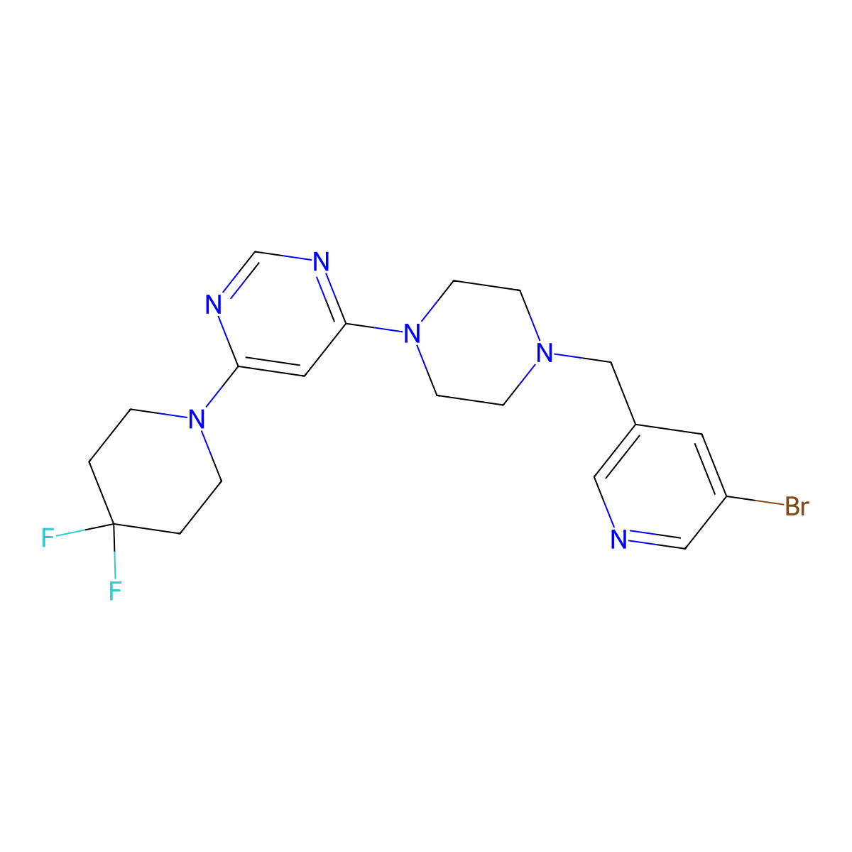 4-{4-[(5-Bromopyridin-3-yl)methyl]piperazin-1-yl}-6-(4,4-difluoropiperidin-1-yl)pyrimidine molecular structure, CAS 3054587-03-7