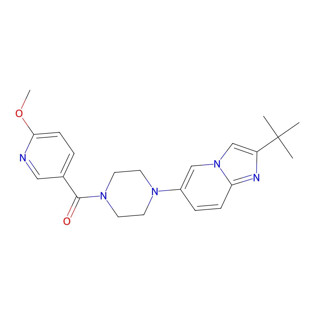 1-{2-Tert-butylimidazo[1,2-a]pyridin-6-yl}-4-(6-methoxypyridine-3-carbonyl)piperazine molecular structure, CAS 3054587-07-1