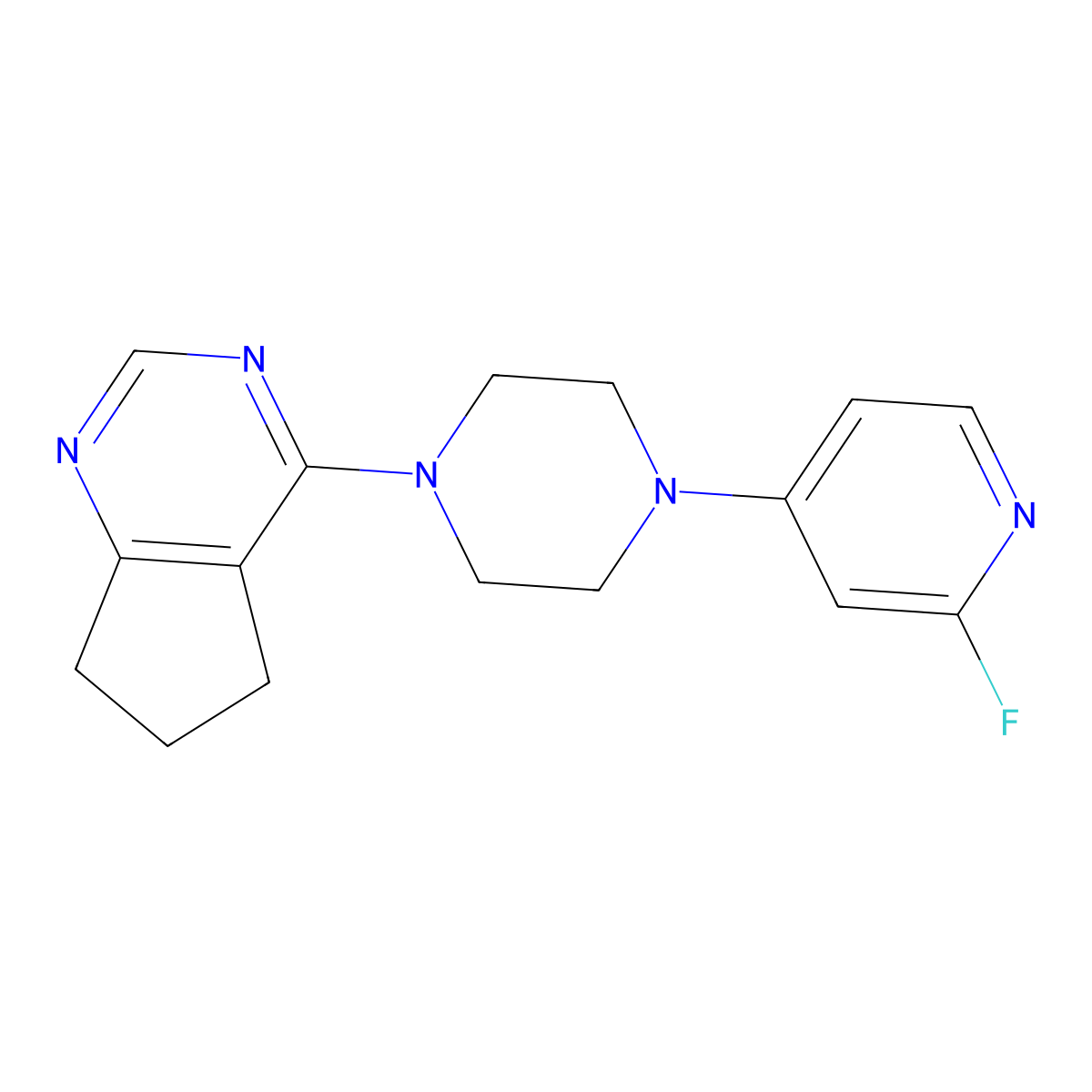 1-{5H,6H,7H-cyclopenta[d]pyrimidin-4-yl}-4-(2-fluoropyridin-4-yl)piperazine molecular structure, CAS 3054587-09-3