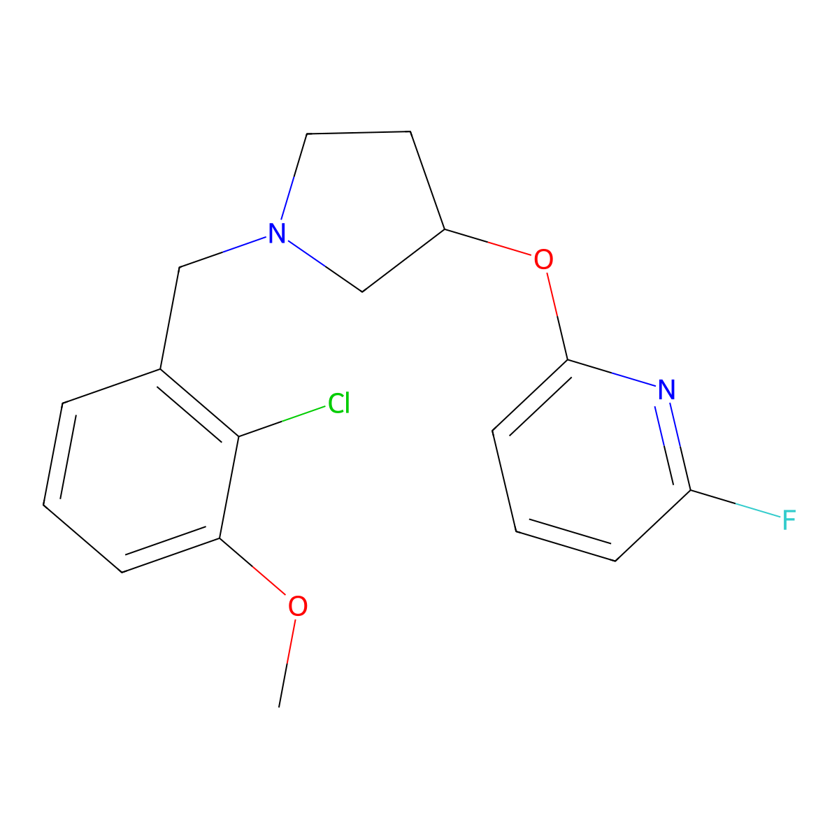 2-({1-[(2-Chloro-3-methoxyphenyl)methyl]pyrrolidin-3-yl}oxy)-6-fluoropyridine molecular structure, CAS 3054587-10-6