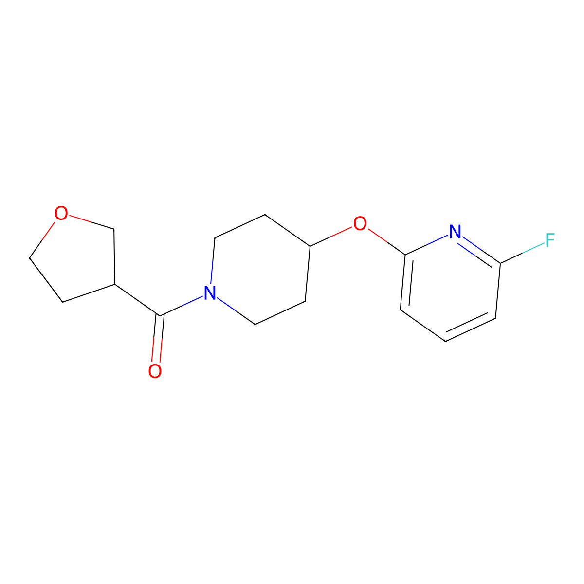 2-Fluoro-6-{[1-(oxolane-3-carbonyl)piperidin-4-yl]oxy}pyridine molecular structure, CAS 3054587-16-2