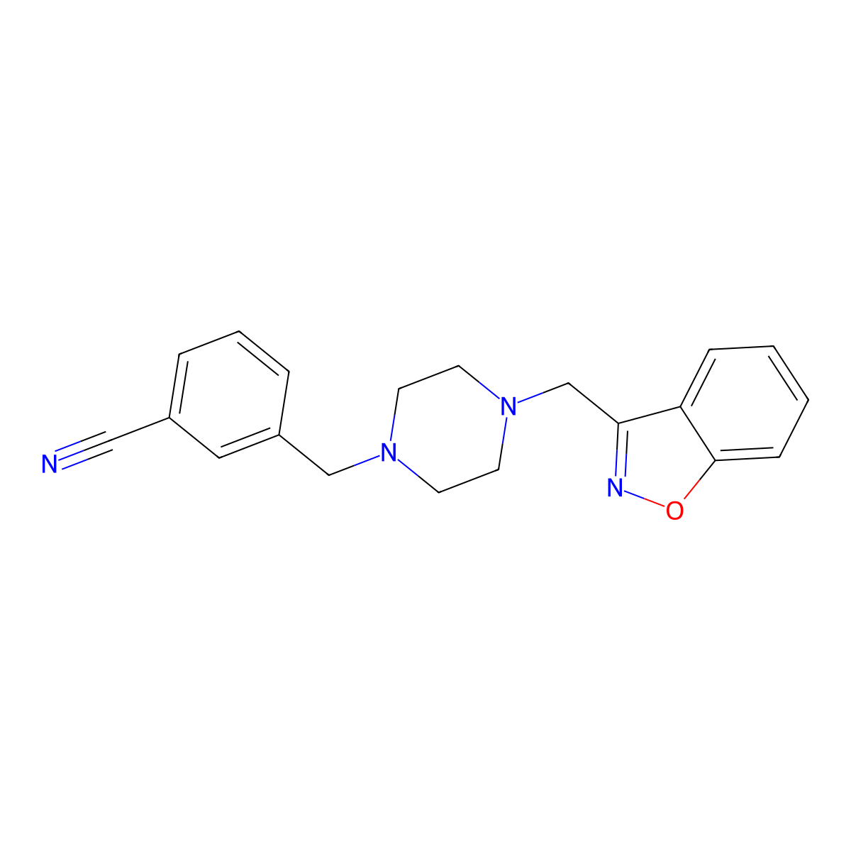 3-({4-[(1,2-Benzoxazol-3-yl)methyl]piperazin-1-yl}methyl)benzonitrile molecular structure, CAS 3054587-28-6