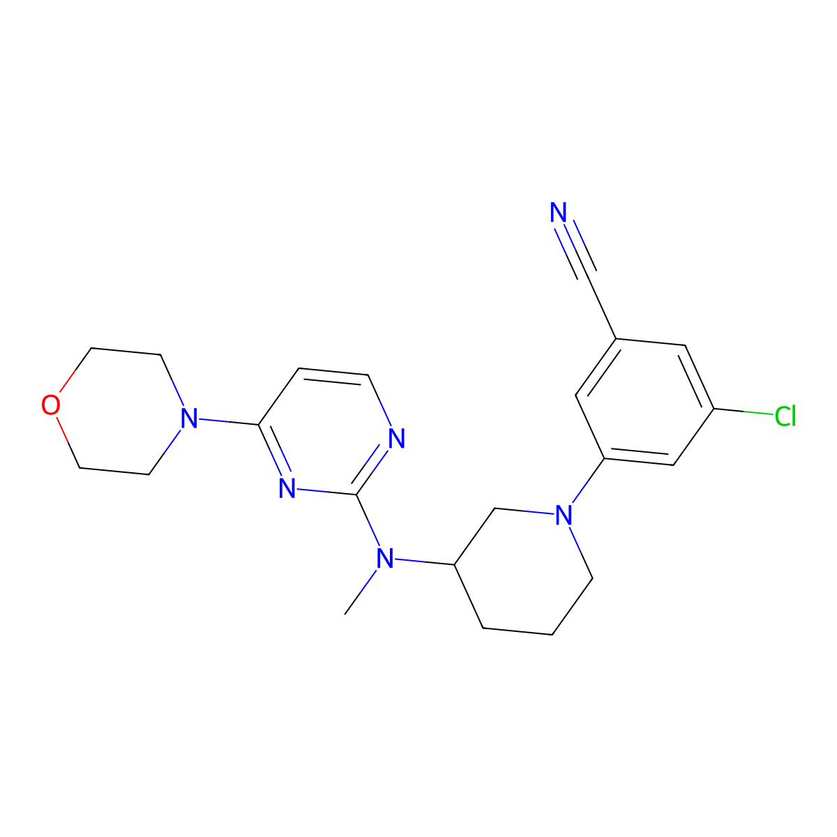 3-Chloro-5-(3-{methyl[4-(morpholin-4-yl)pyrimidin-2-yl]amino}piperidin-1-yl)benzonitrile molecular structure, CAS 3054587-31-1