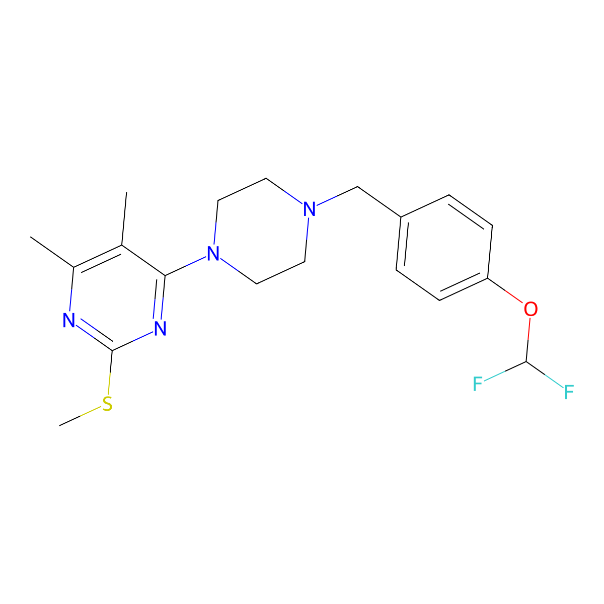 4-(4-{[4-(Difluoromethoxy)phenyl]methyl}piperazin-1-yl)-5,6-dimethyl-2-(methylsulfanyl)pyrimidine molecular structure, CAS 3054587-41-3