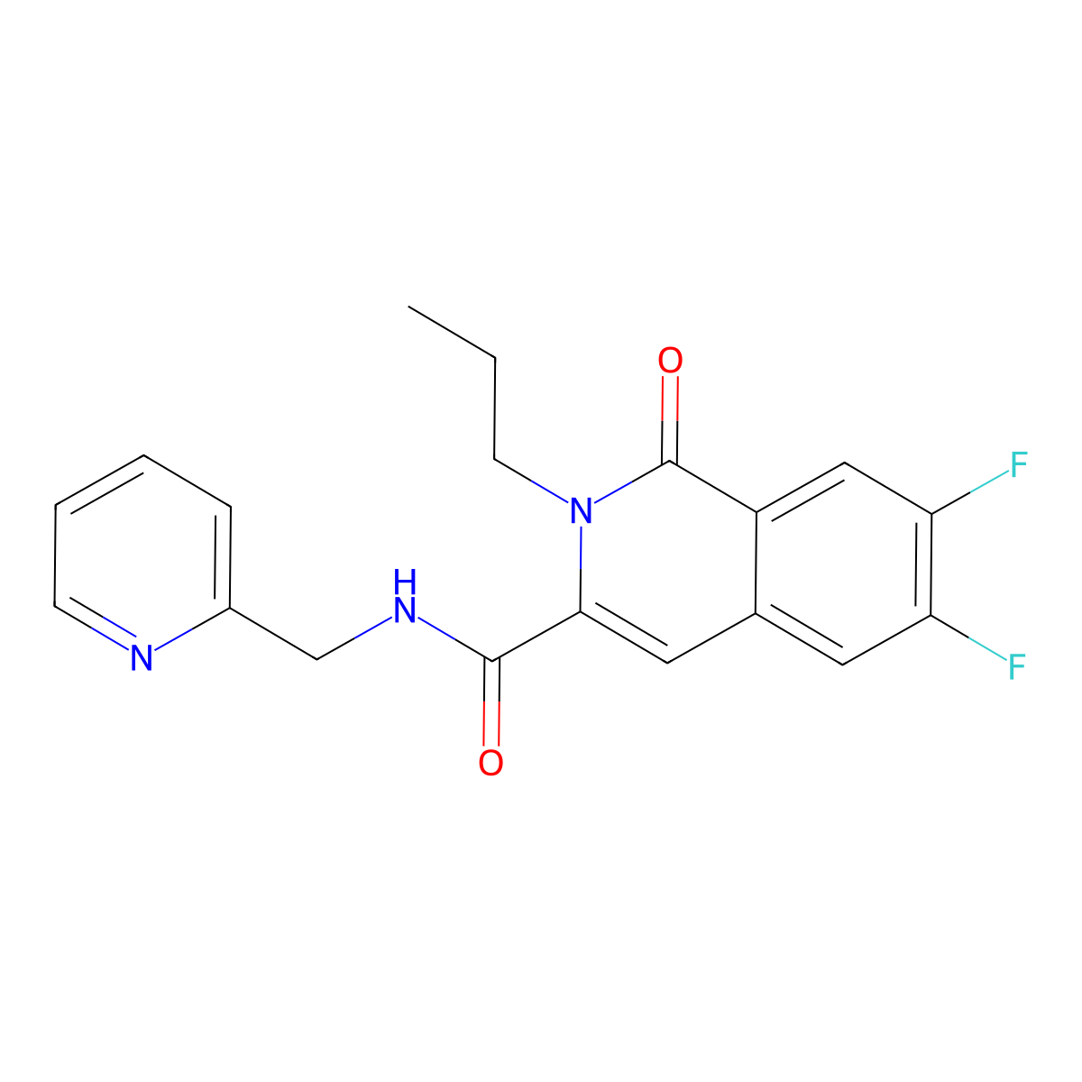 6,7-difluoro-1-oxo-2-propyl-N-[(pyridin-2-yl)methyl]-1,2-dihydroisoquinoline-3-carboxamide molecular structure, CAS 3054587-42-4