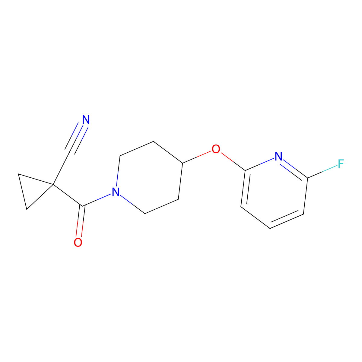 1-{4-[(6-Fluoropyridin-2-yl)oxy]piperidine-1-carbonyl}cyclopropane-1-carbonitrile molecular structure, CAS 3054587-43-5